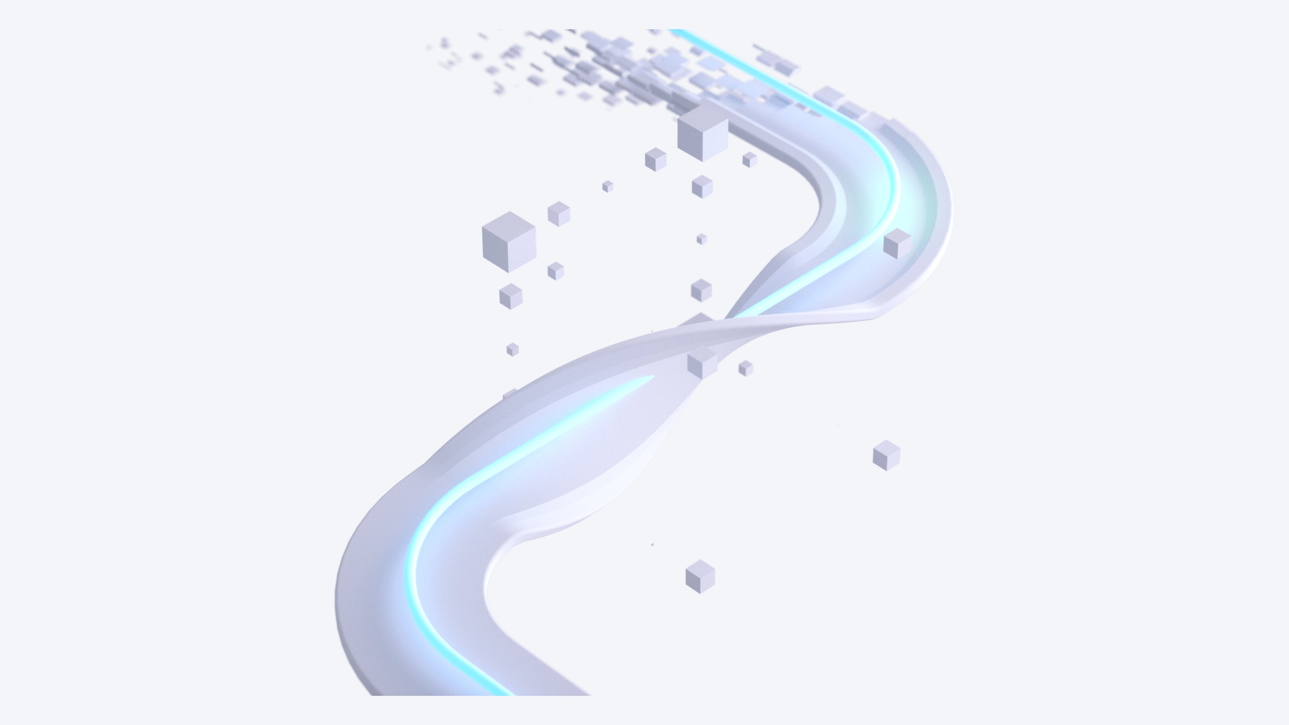 A pale 3D path with a glowing cyan line winding upwards through scattered floating cubes