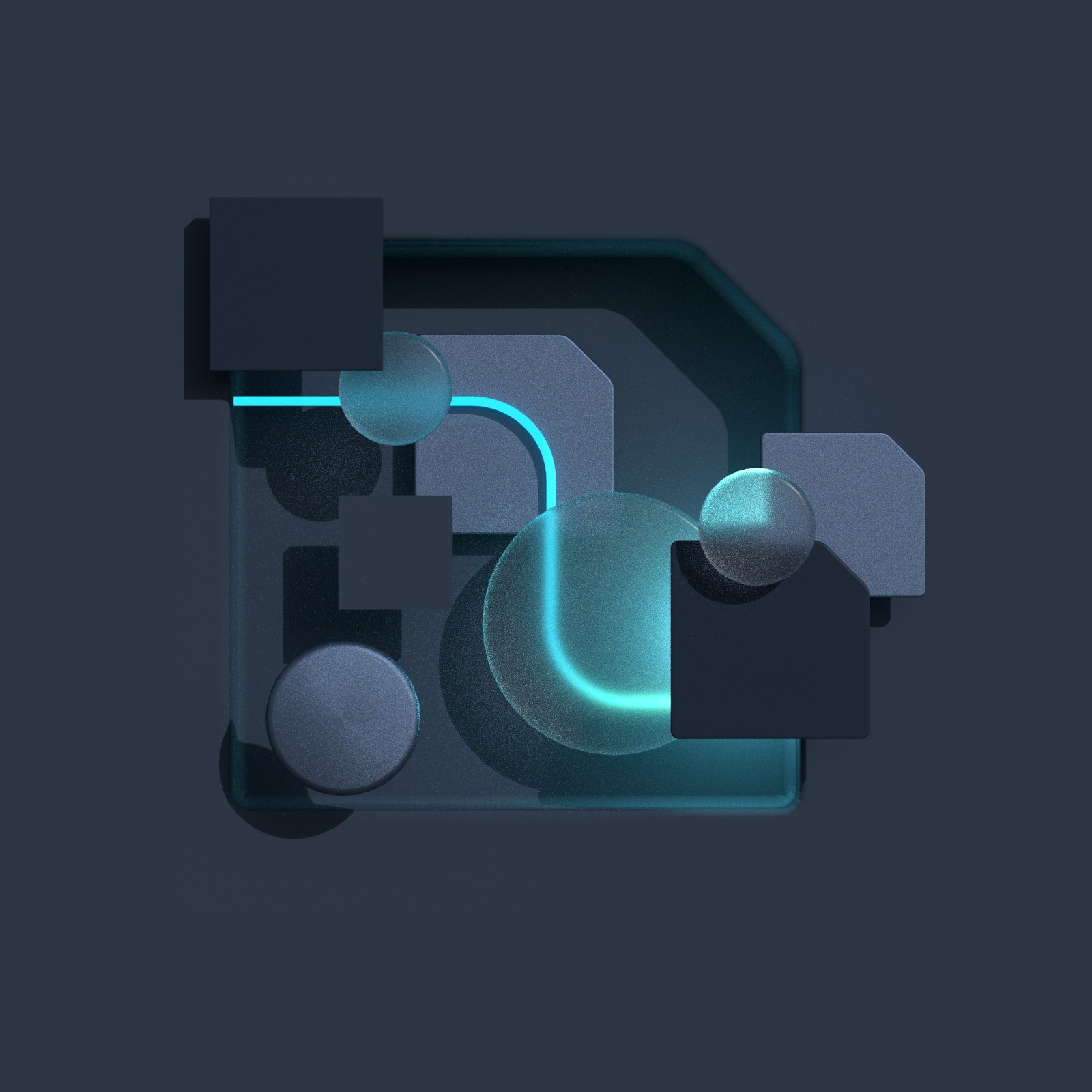 A dark 3D illustration of slate panels and glass spheres with a cyan line threading between them