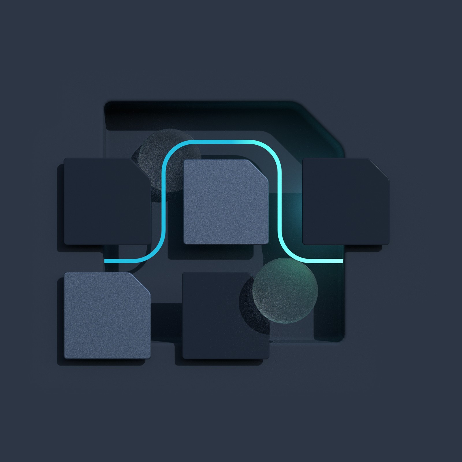 A dark 3D illustration of a cyan path looping around grey blocks on a slate panel