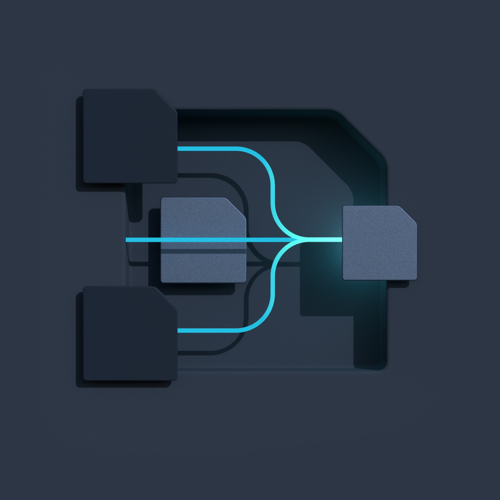 A dark 3D illustration where several cyan lines merge into one route leading to a single block