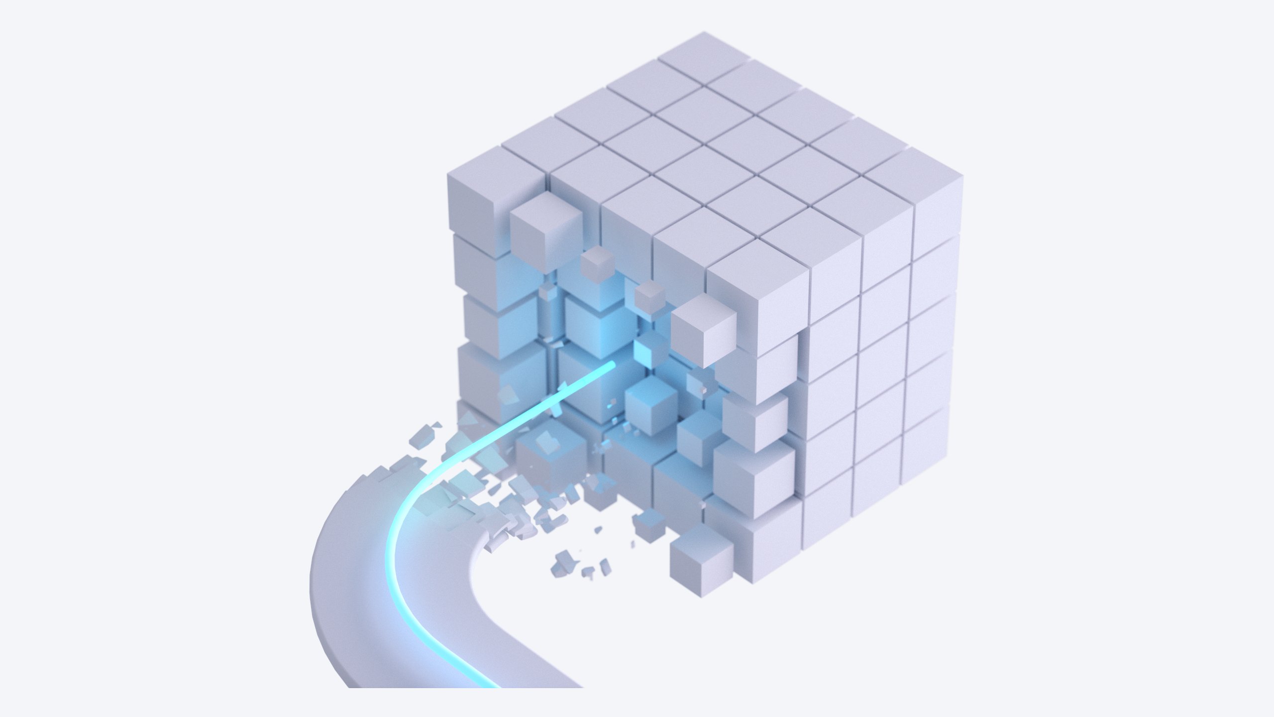 A 3D render of a pale grey cube of blocks opening up as a glowing cyan path runs into its centre