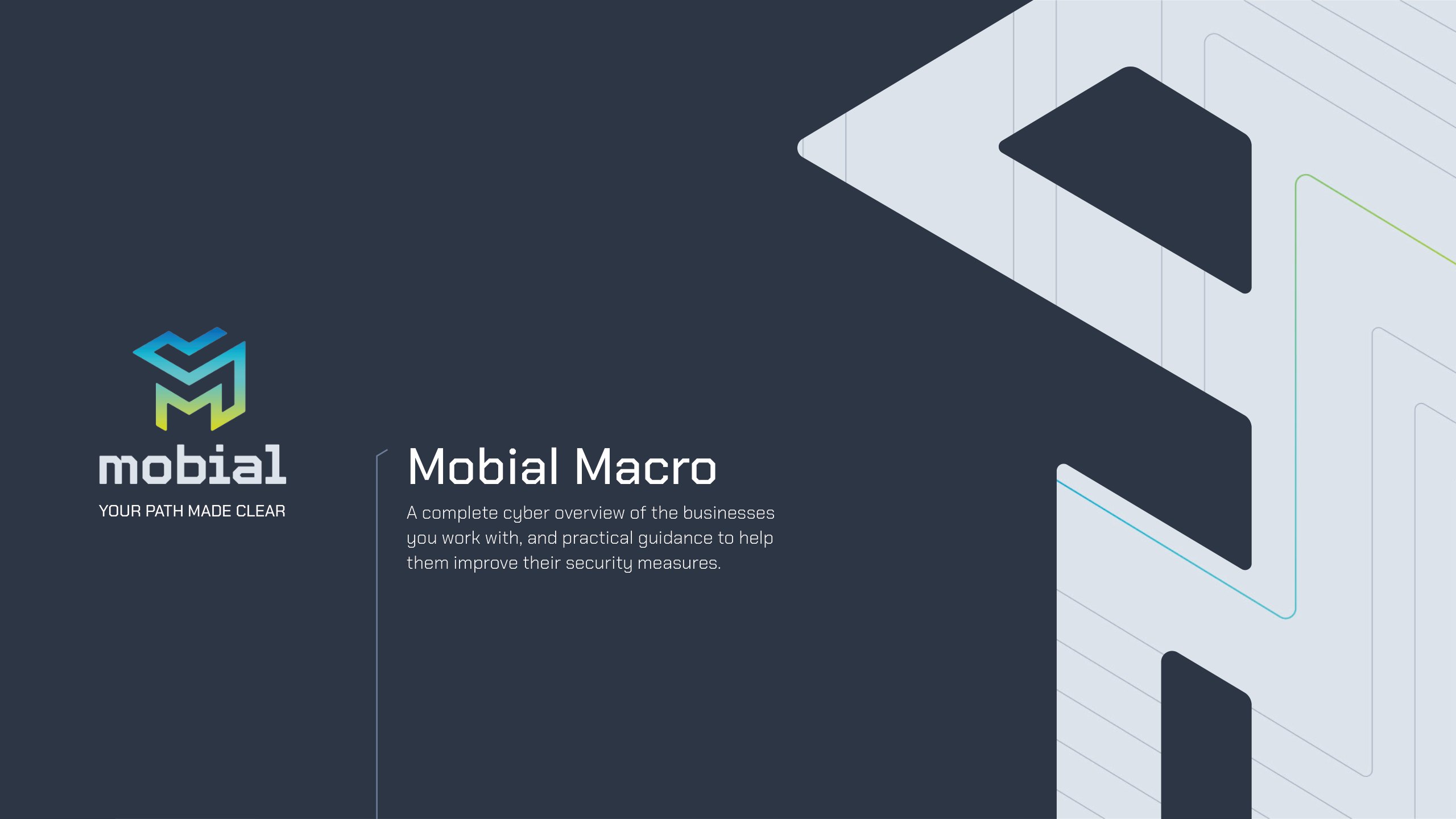 The cover of the Mobial Macro brochure: the Mobial logo and Your path made clear on dark slate, beside pale maze line work