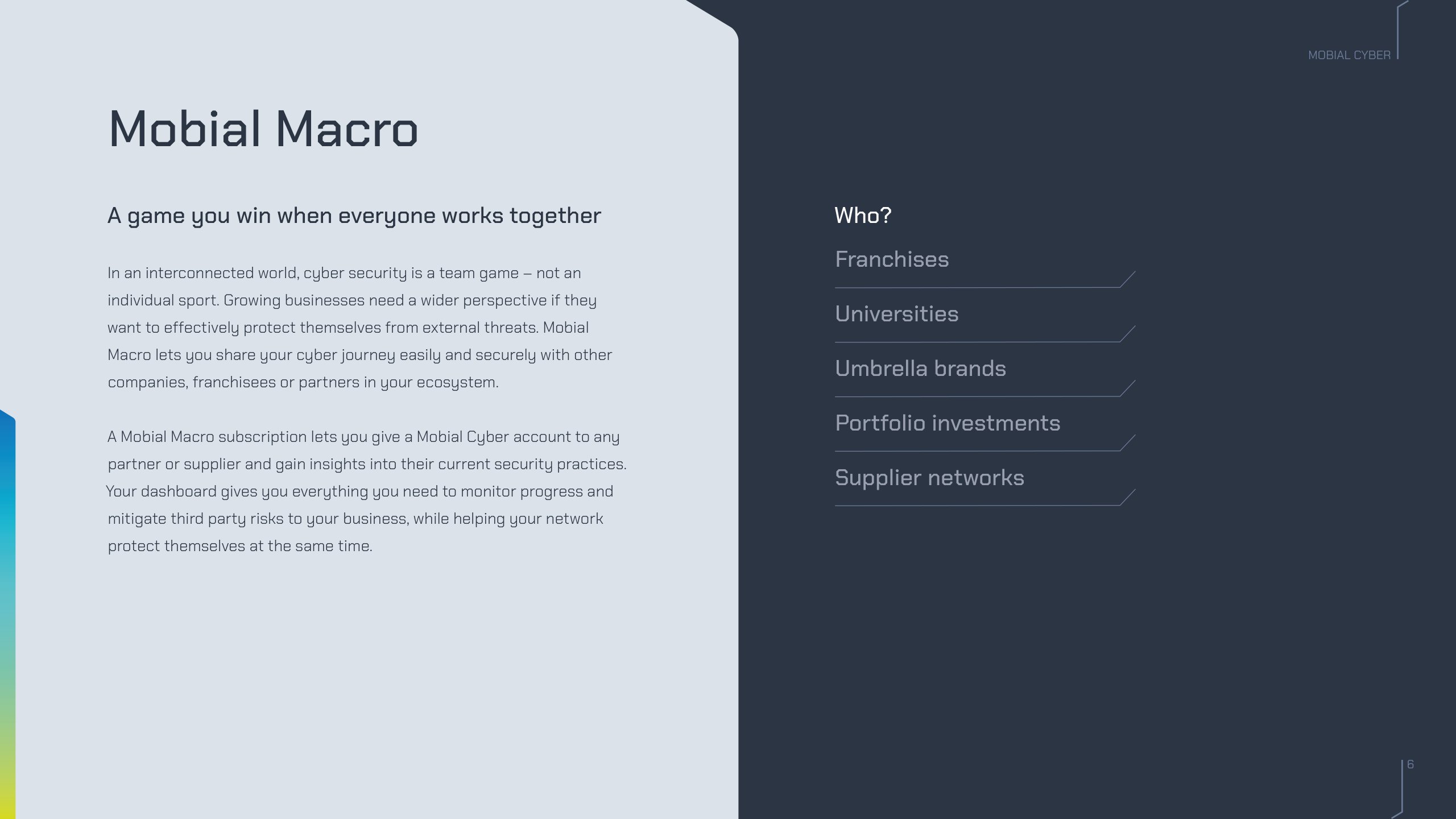 A Mobial Macro brochure spread headed A game you win when everyone works together, listing franchises, universities, umbrella brands, portfolio investments and supplier networks