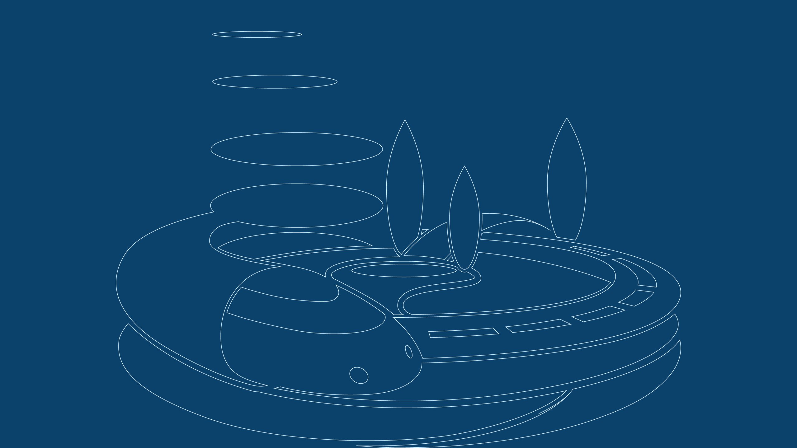 A fine line drawing of the MSVF mark in pale blue on navy, showing the train, the curved track, the trees and the stacked rings as outlines