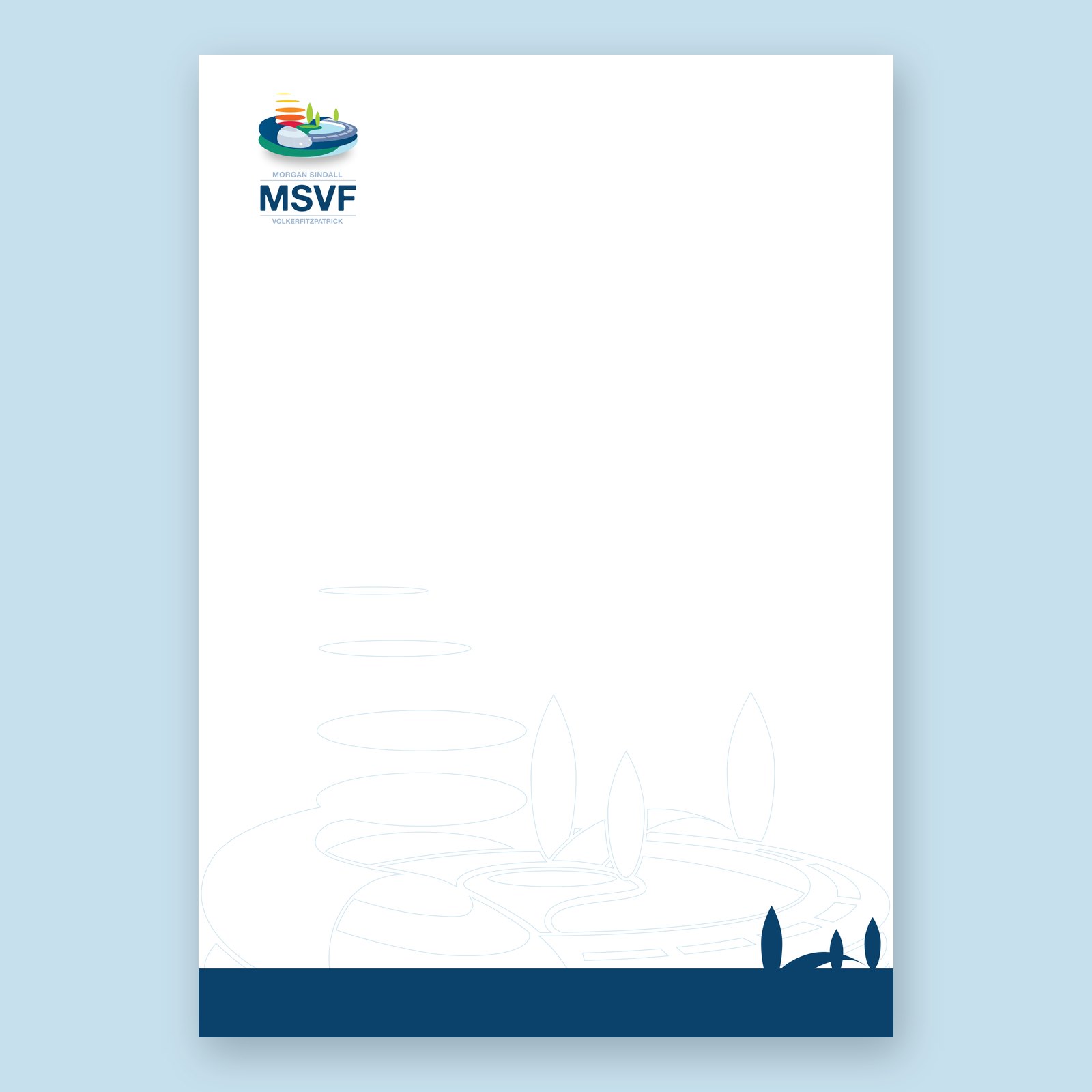 An MSVF letterhead on a pale blue background, with the logo at the top left, a faint outline of the mark in the lower half and a navy footer band topped by tree silhouettes