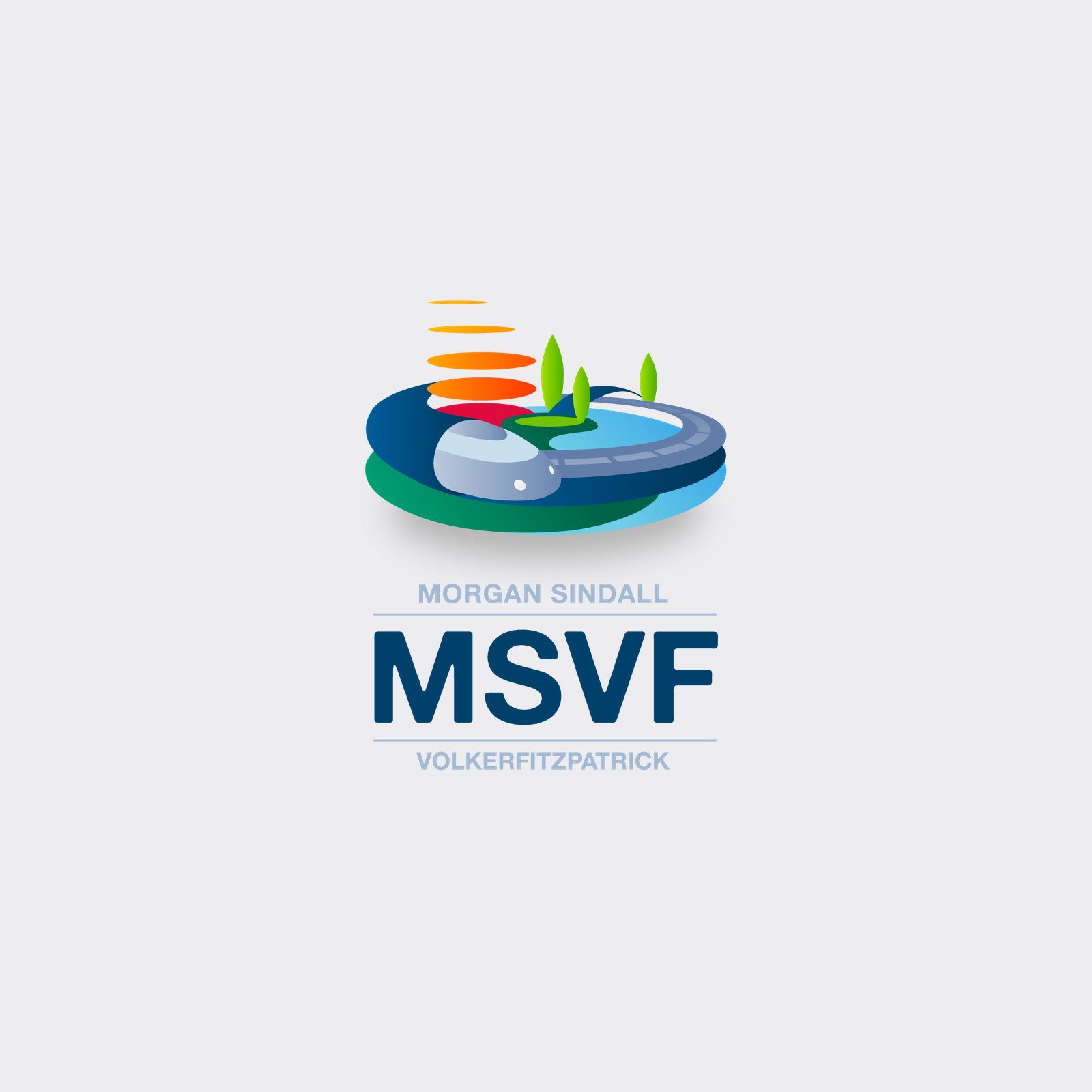 The portrait version of the MSVF logo on a light grey background, with the circular mark above the words Morgan Sindall, MSVF and VolkerFitzpatrick