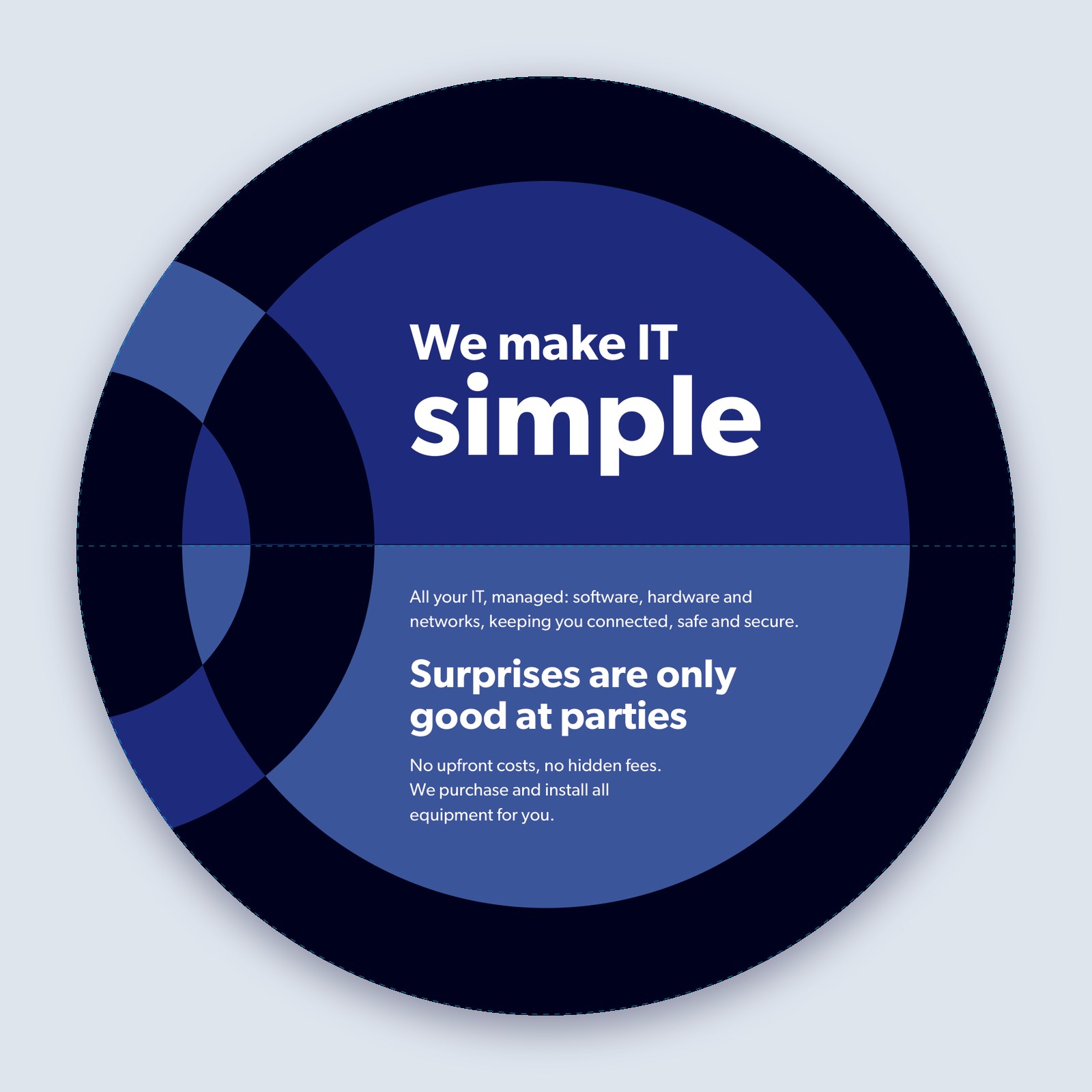 Page from OneMSP’s printed booklet reading We make IT simple and Surprises are only good at parties, with no upfront costs and no hidden fees