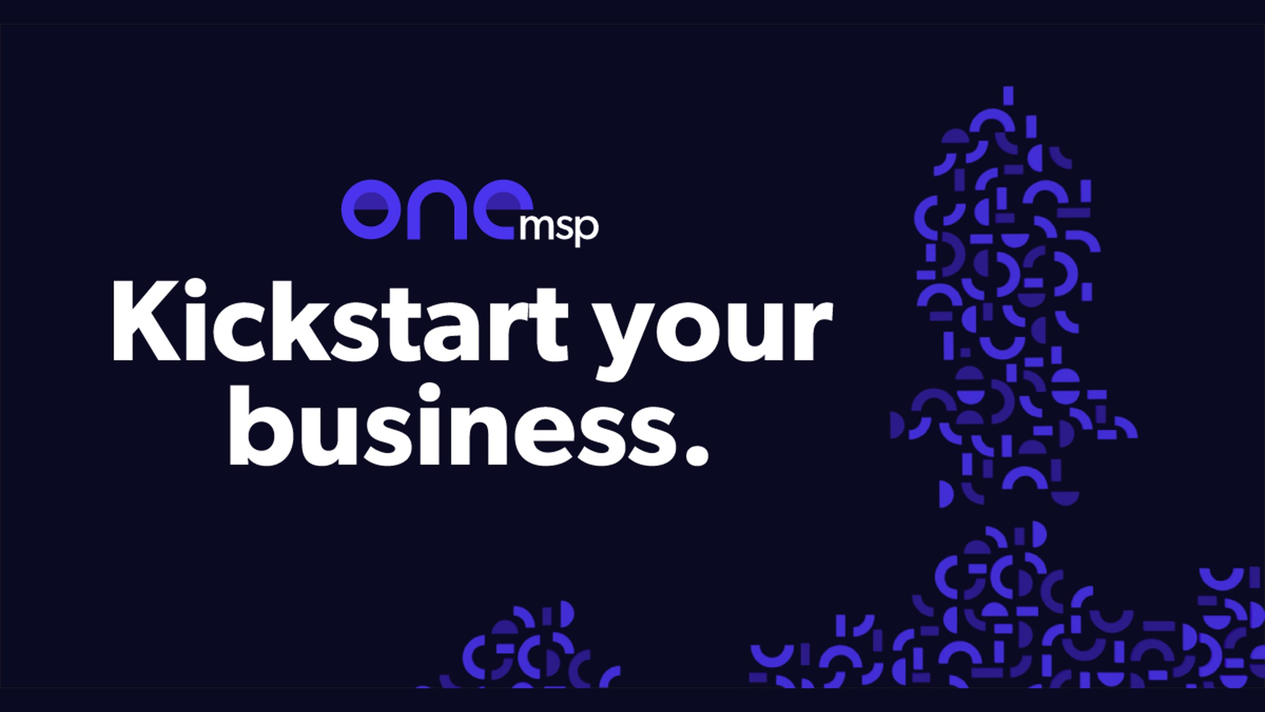 OneMSP web banner reading Kickstart your business. beside a rocket built from the brand’s blue arc and block shapes on navy