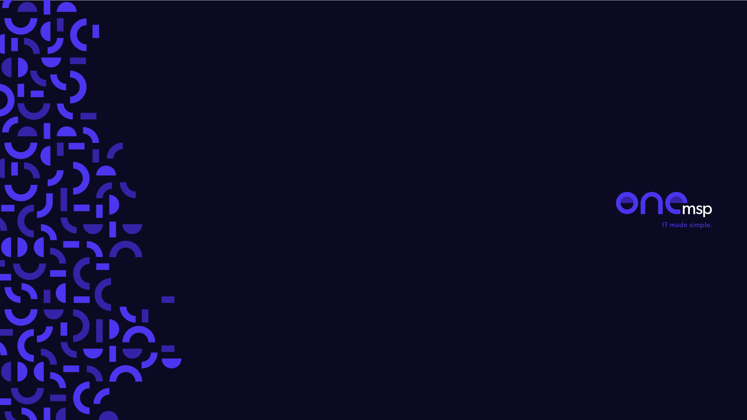 OneMSP brand background in deep navy with the blue arc and block pattern on the left and the OneMSP logo with the line IT made simple on the right