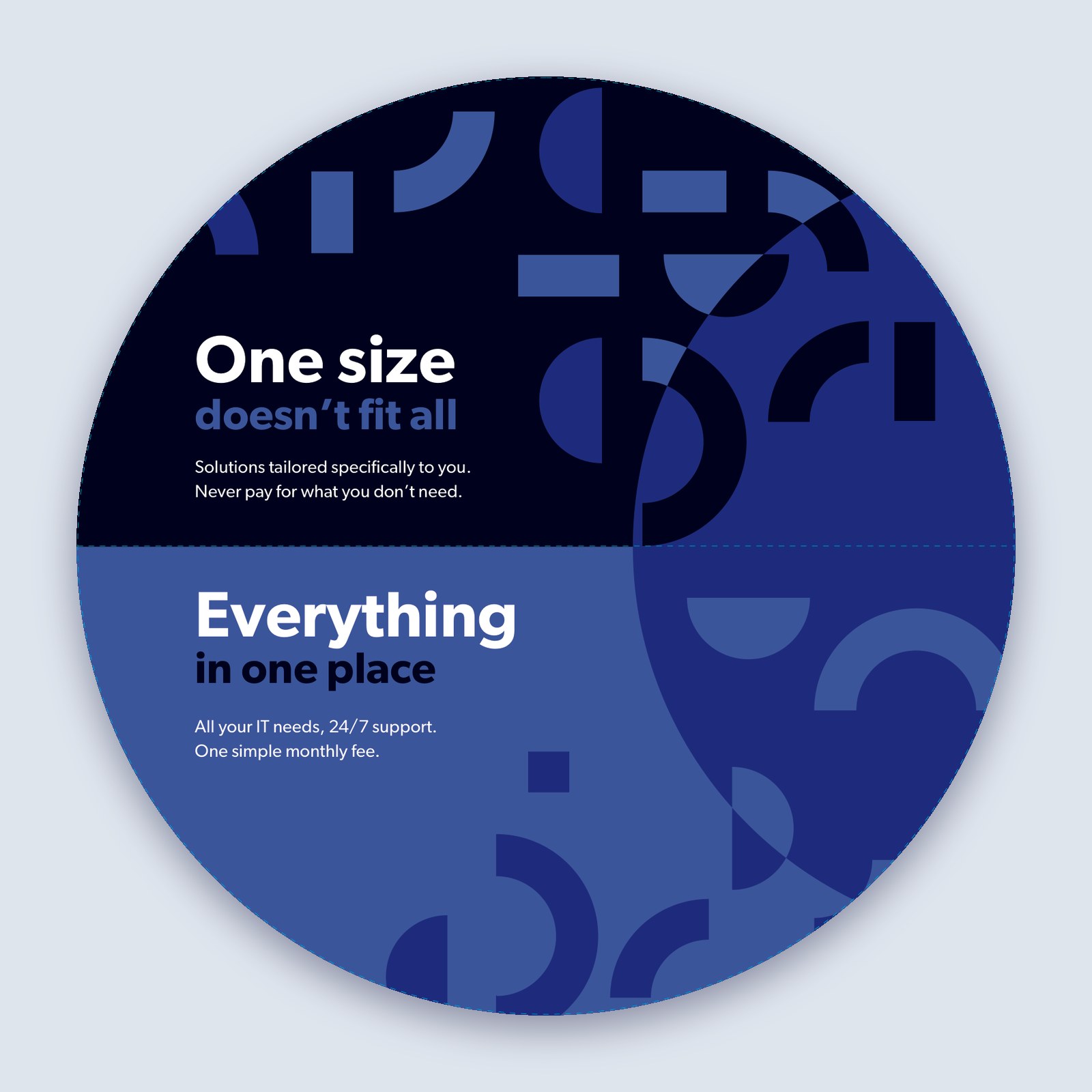 Page from OneMSP’s printed booklet reading One size doesn’t fit all and Everything in one place, all your IT needs for one simple monthly fee