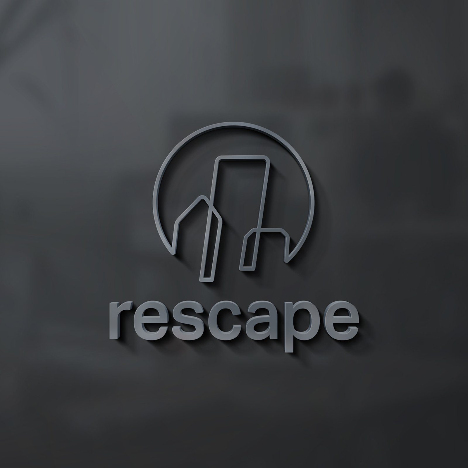 The Rescape logo as a dimensional metal sign on a dark grey wall