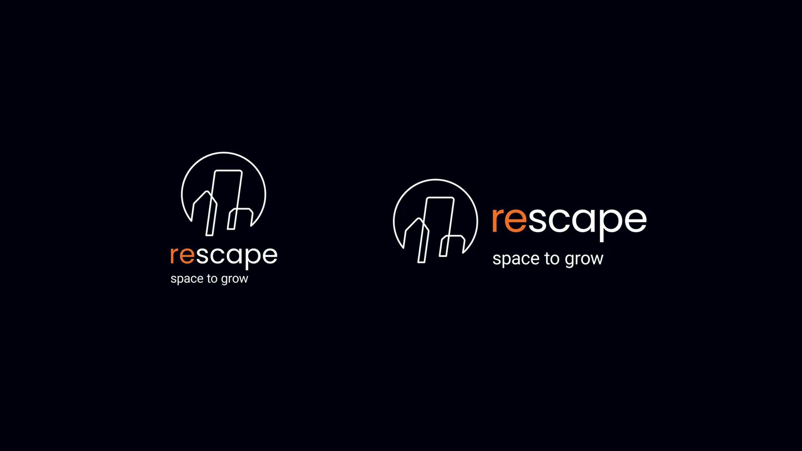 The Rescape logo, three outlined buildings inside a circle, in stacked and horizontal lockups with the tagline space to grow, in white and orange on midnight black