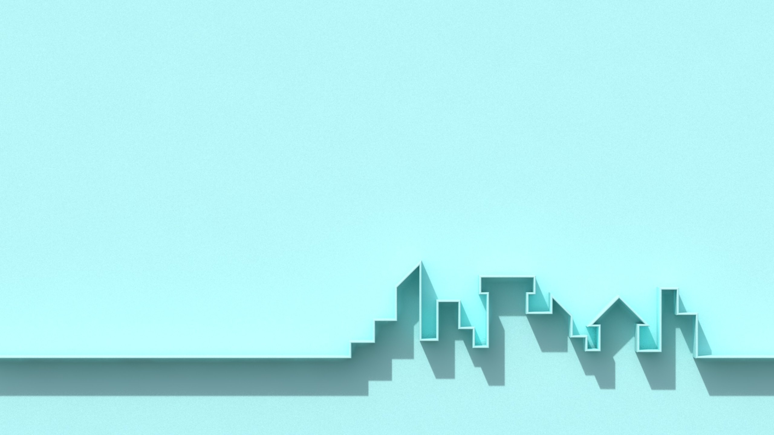 An early 3D exploration of the Rescape skyline line: the outline of a city skyline extruded from a pale aqua surface
