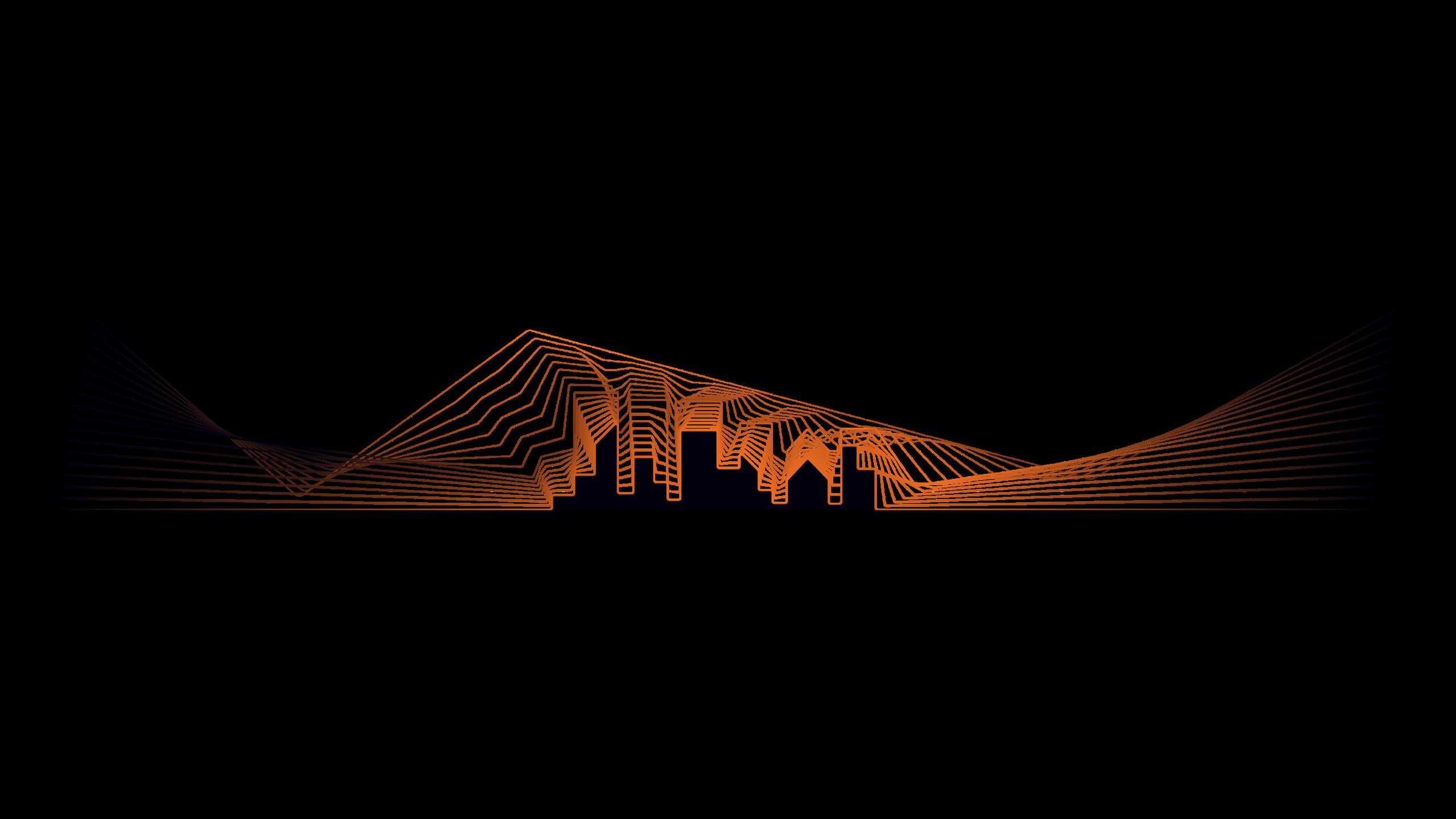 The Rescape website hero graphic: a city skyline traced in fine orange lines that ripple out across a black background