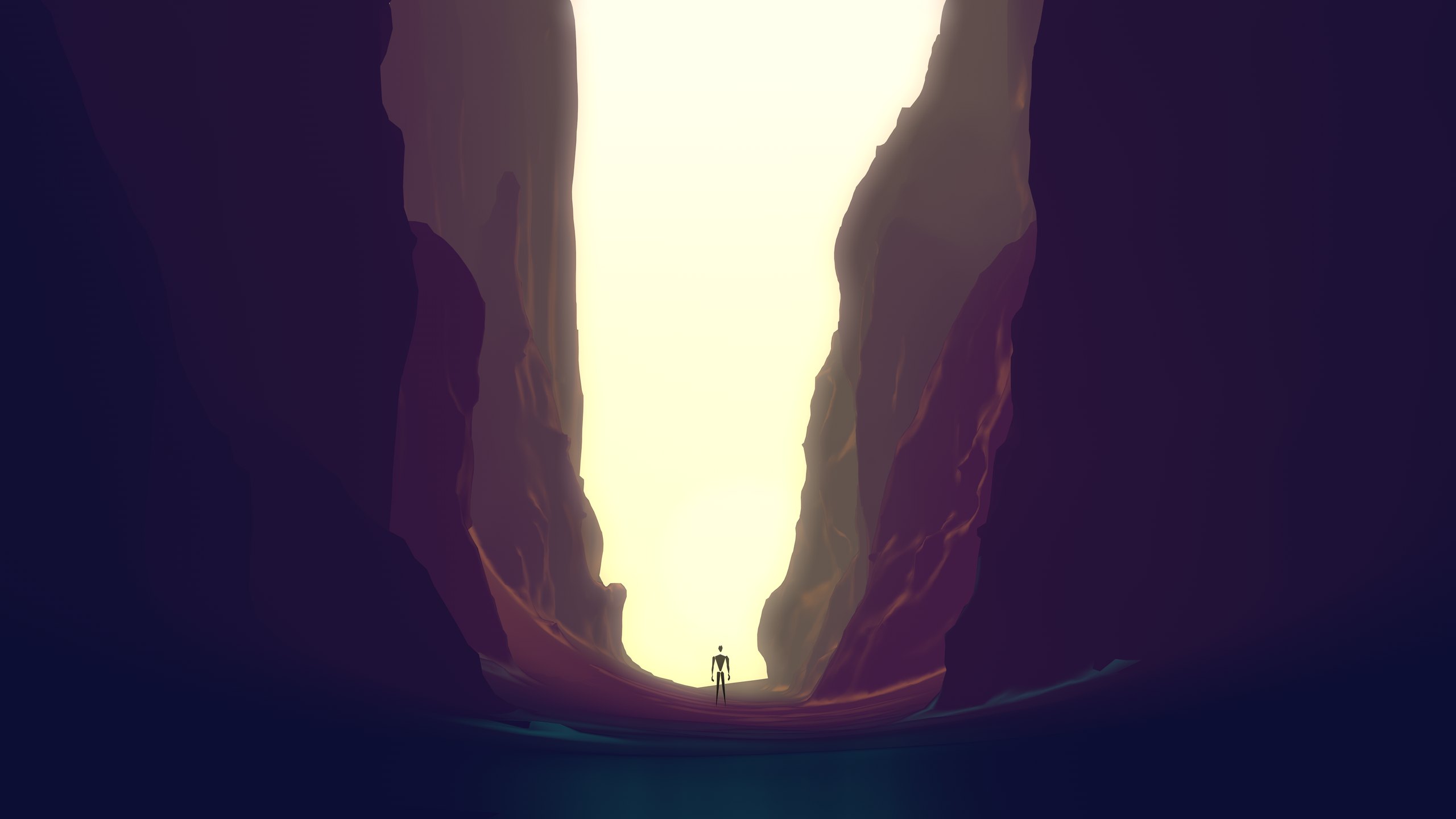 A small figure stands at the foot of a deep canyon, looking up towards a bright gap of light, from the North 3D illustration series