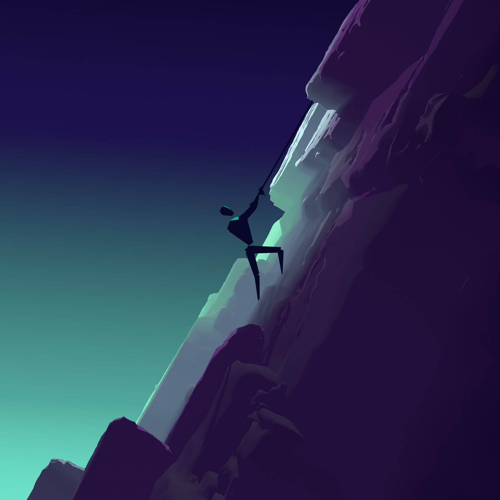 A climber scales a moonlit cliff against a teal sky, a North 3D illustration