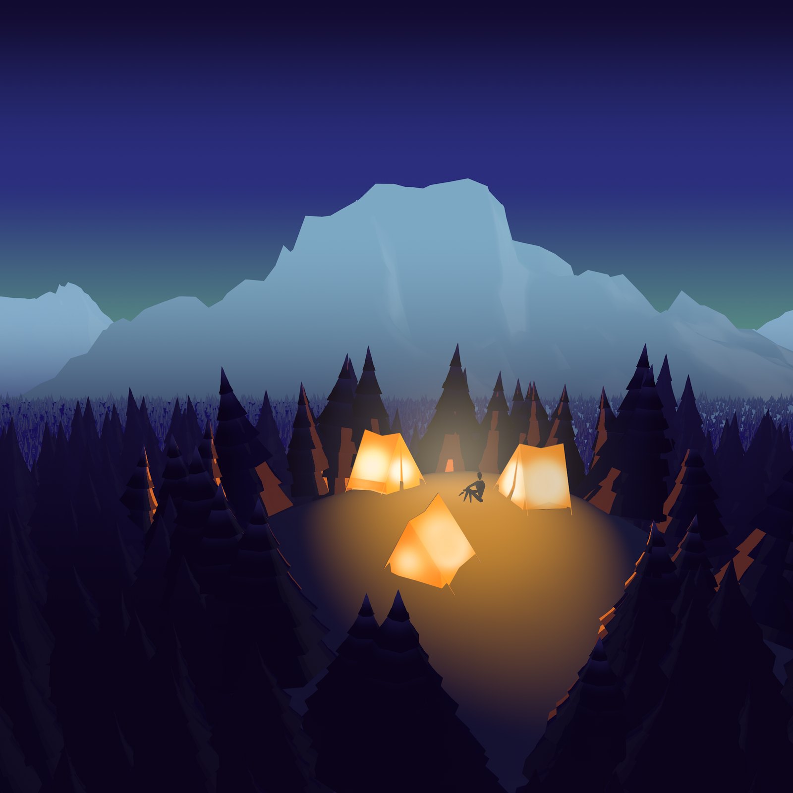 Glowing tents in a forest clearing beneath a snowy mountain at night, a North 3D illustration