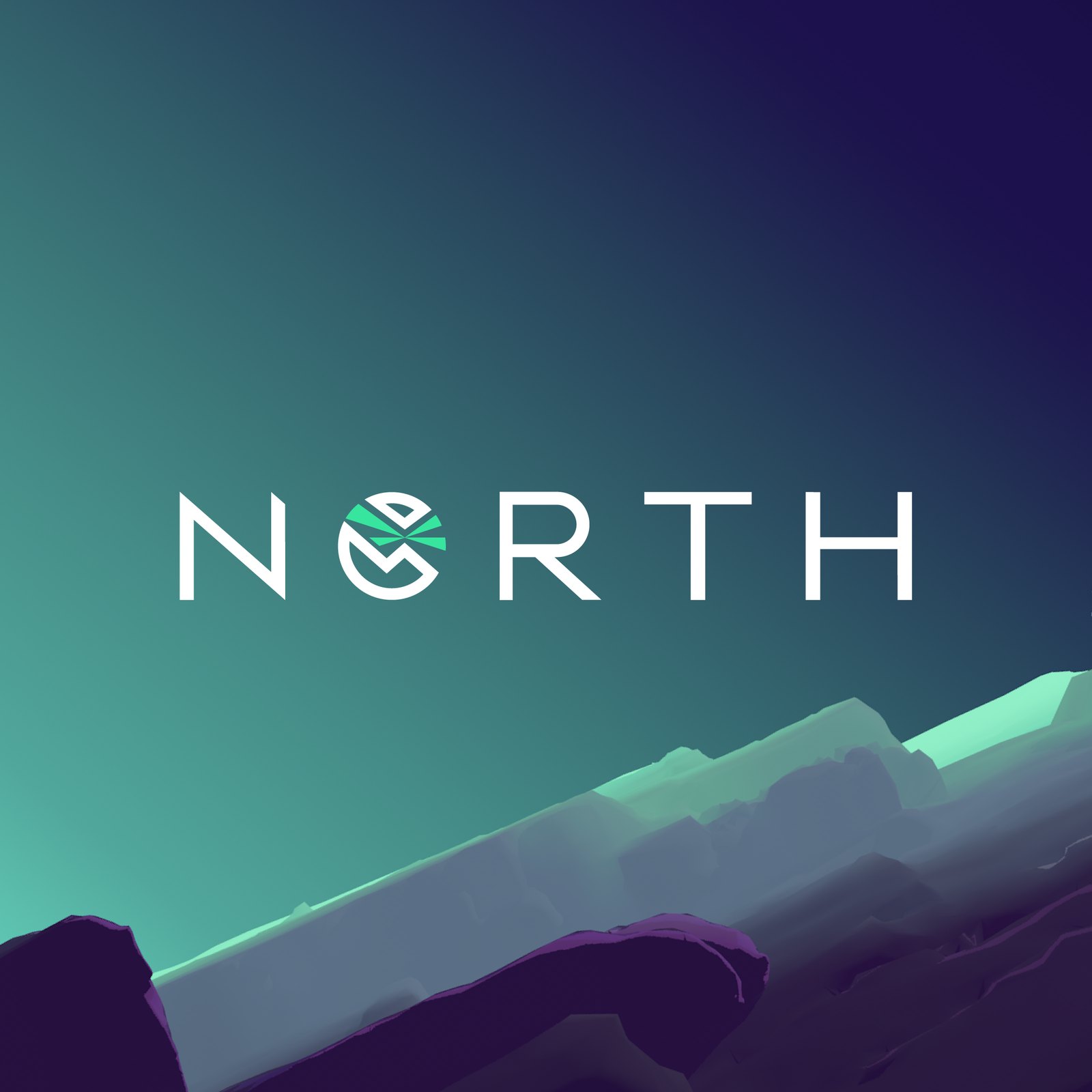 The North wordmark in white over a teal sky and a rocky 3D landscape