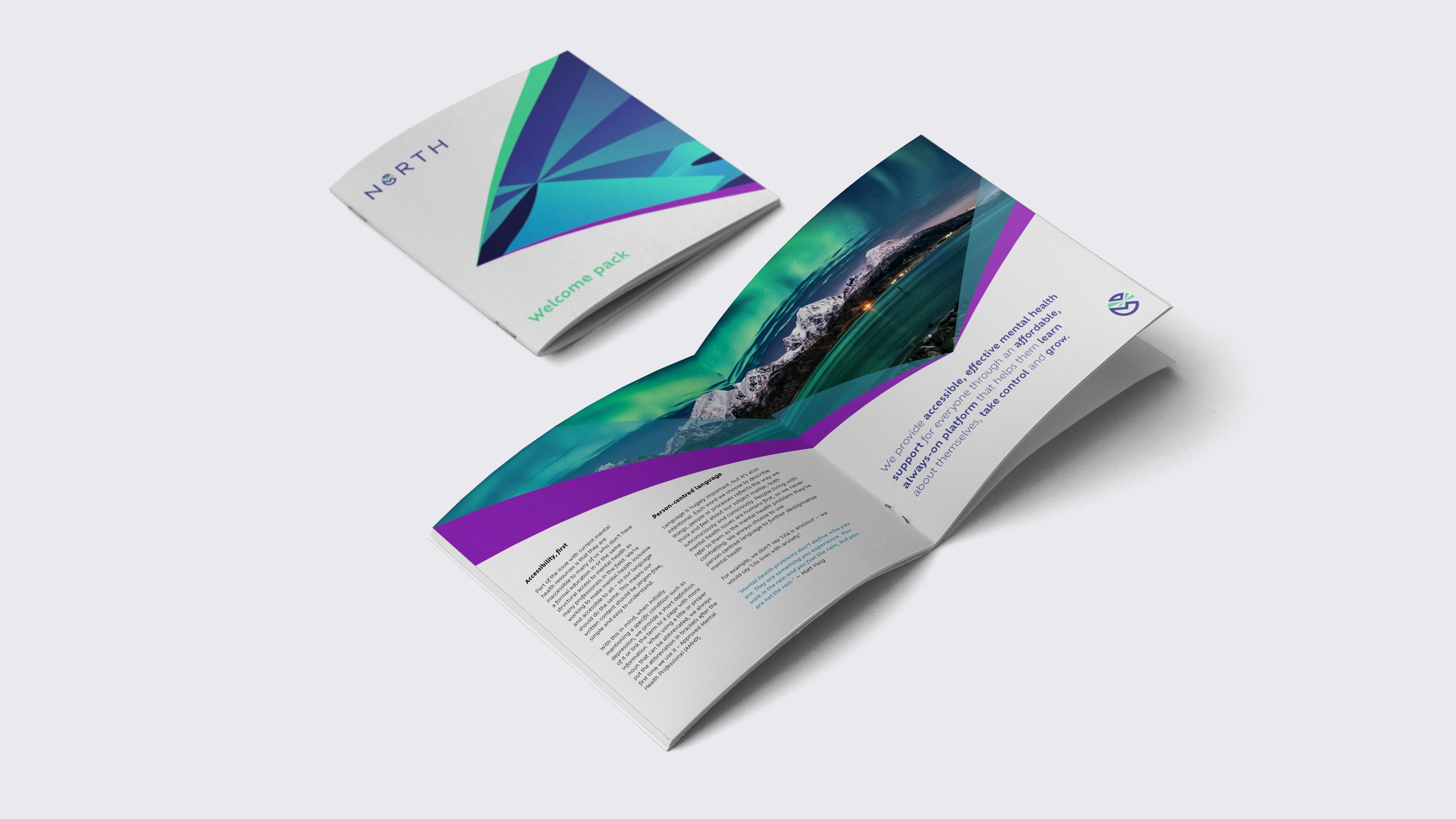 A North welcome pack beside an open spread on accessibility and person-centred language, with a northern lights photograph framed by purple and turquoise light rays