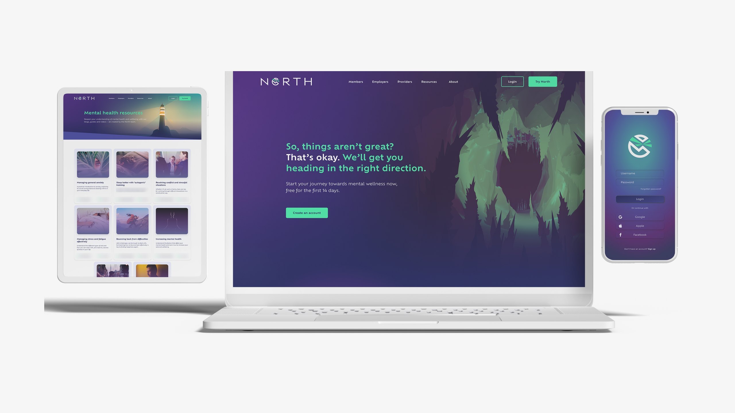 North website designs on a laptop, tablet and phone, with the laptop showing the members page headline So, things aren’t great? That’s okay. We’ll get you heading in the right direction.
