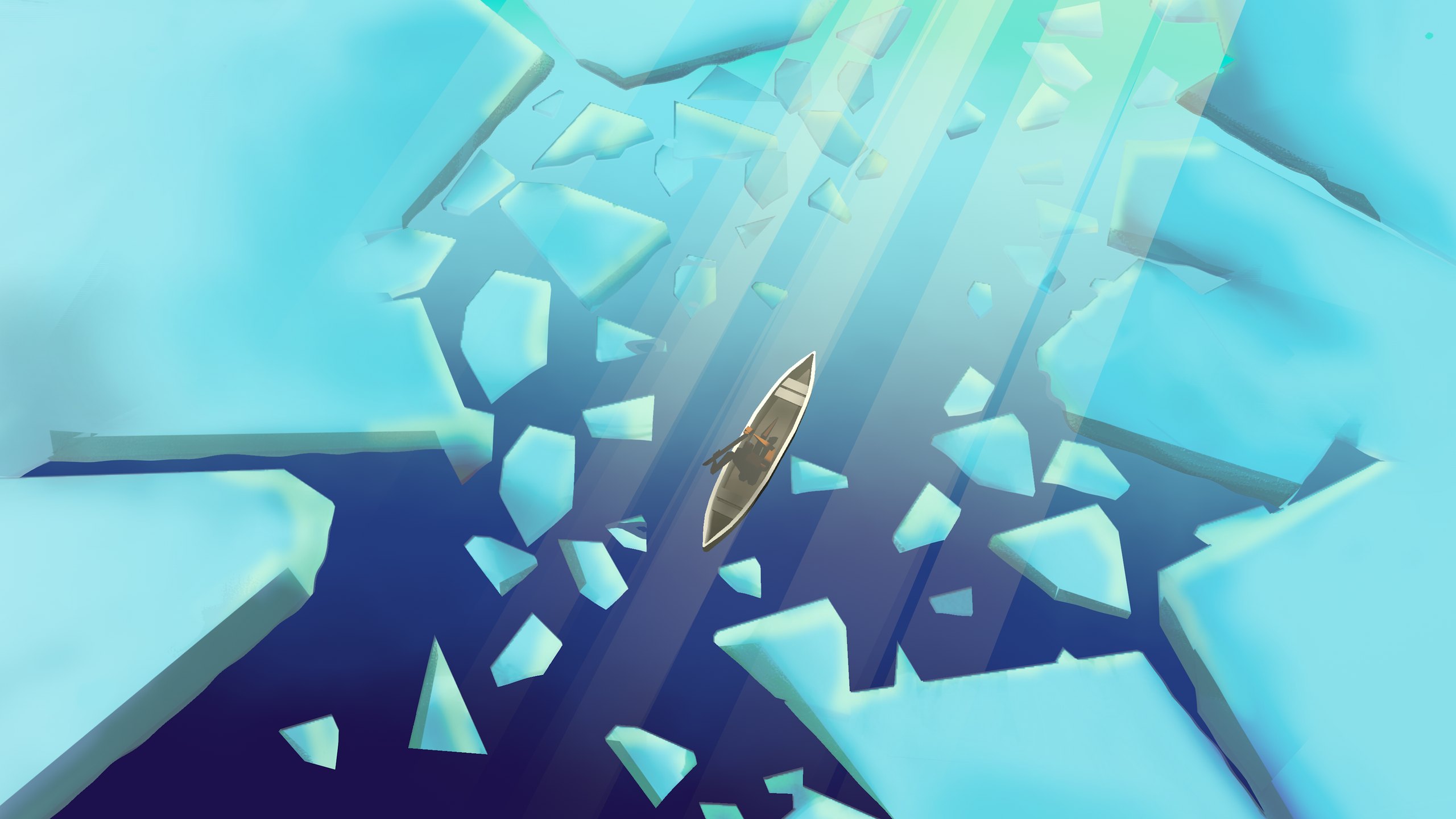 A small boat crosses dark water through broken ice under shafts of light, a North 3D illustration