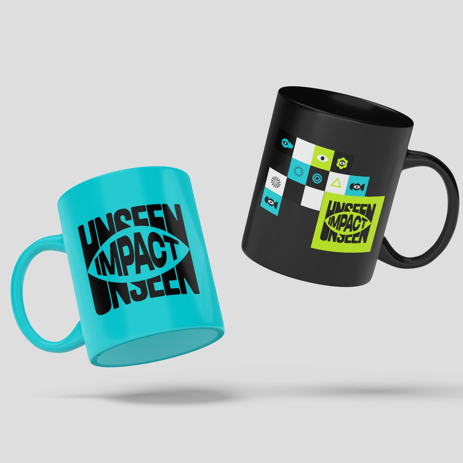 Two floating mugs: a cyan mug printed with the UNSEEN IMPACT logo and a black mug covered in coloured icon tiles