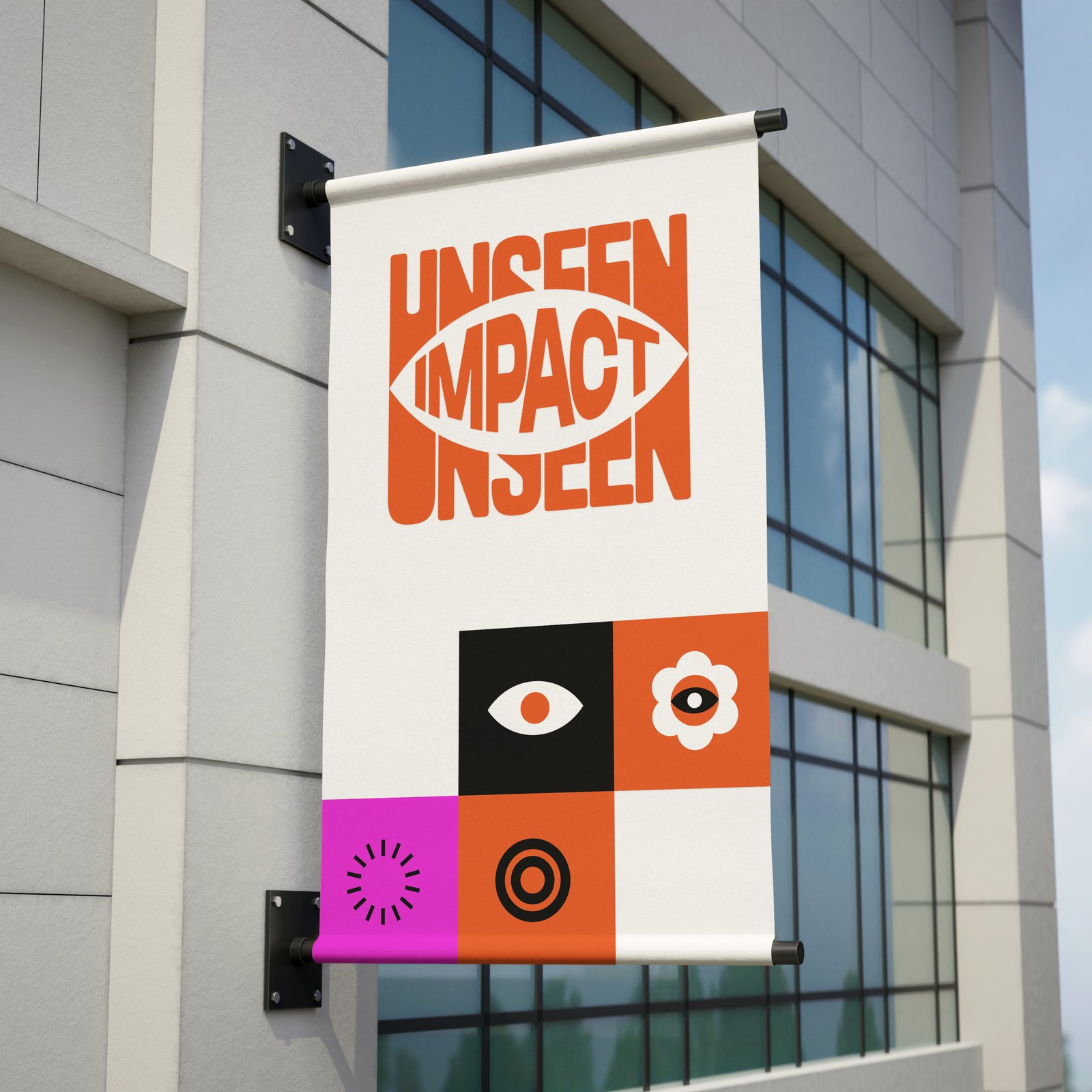 A white banner on a building with the UNSEEN IMPACT eye logo in orange above a block of eye, flower and target icons in orange, black and magenta