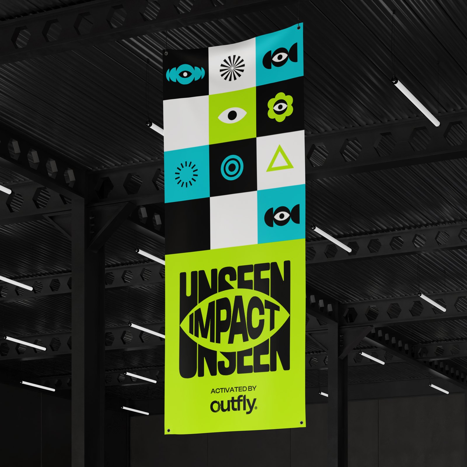 A tall lime and black fabric banner hanging in a dark hall, with a column of eye and flower icons above the UNSEEN IMPACT logo and Activated by Outfly