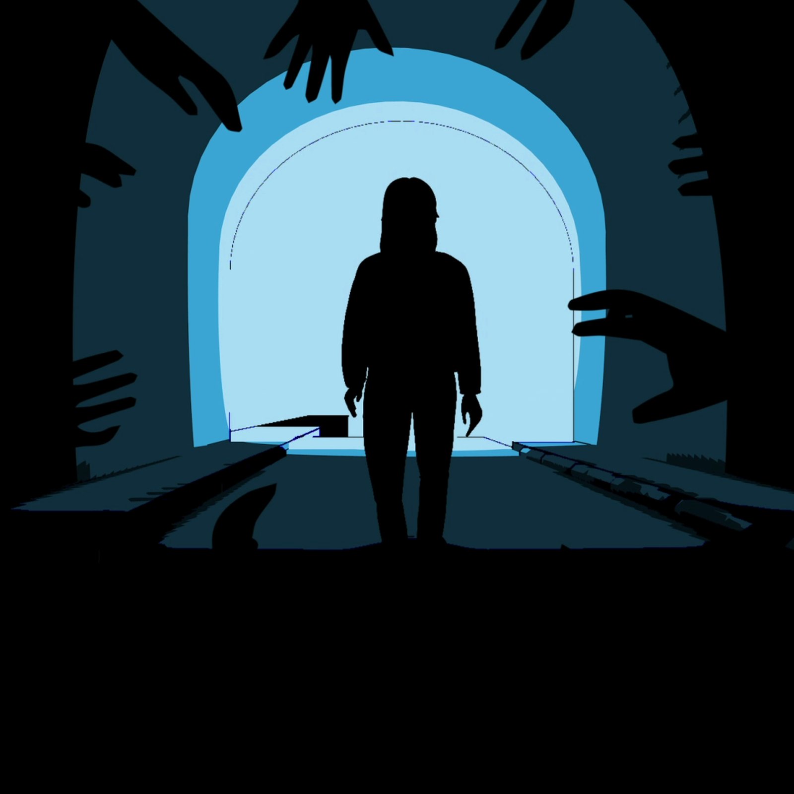 Animation frame of a woman in silhouette walking towards a bright tunnel exit while shadowy hands reach in from the walls