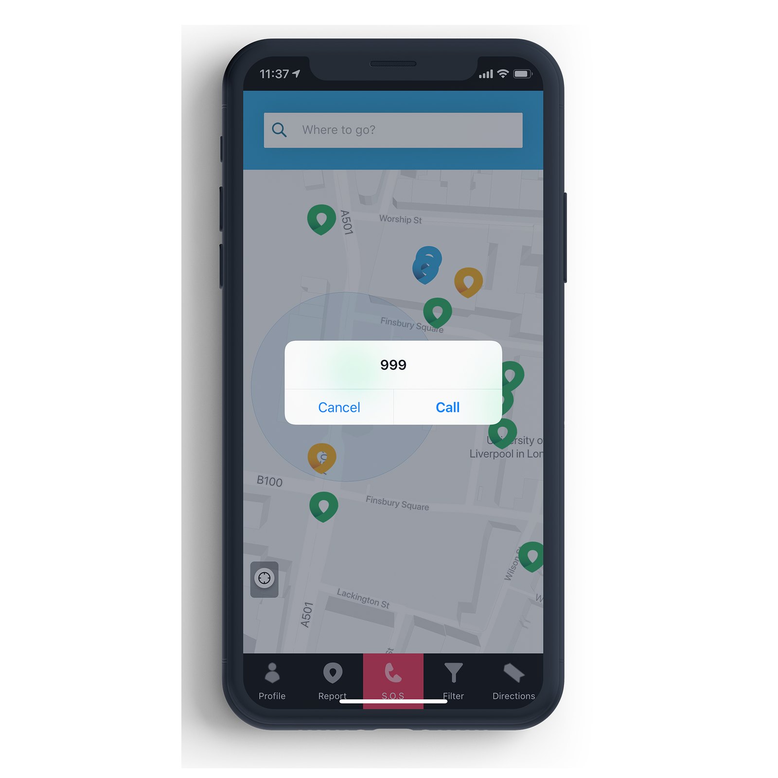 Safe & the City app screen showing a London map with police station pins and a prompt to call 999