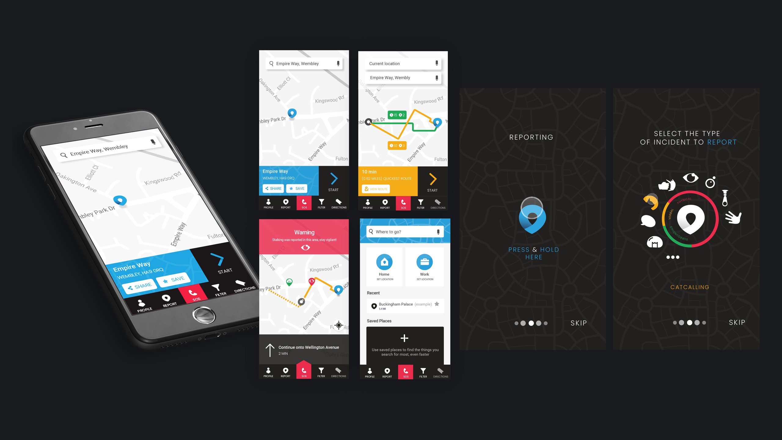Safe & the City app designs on a dark background: a phone showing a route search, map screens with directions and a stalking warning, and two onboarding screens for reporting an incident