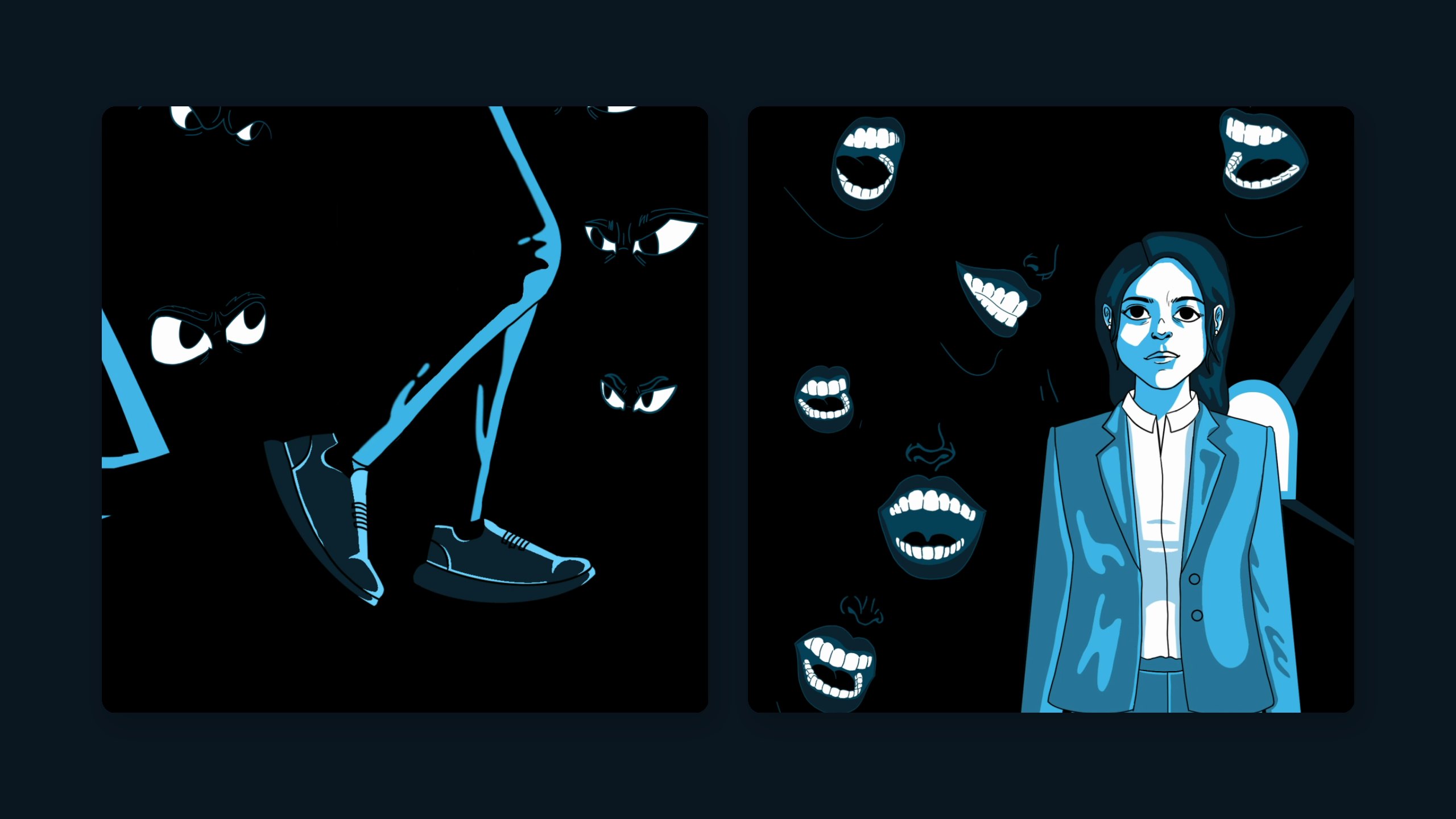 Two frames from the Safe Starts Here animation in blue and black: a woman’s feet walking past watching eyes, and the woman standing still while jeering mouths surround her