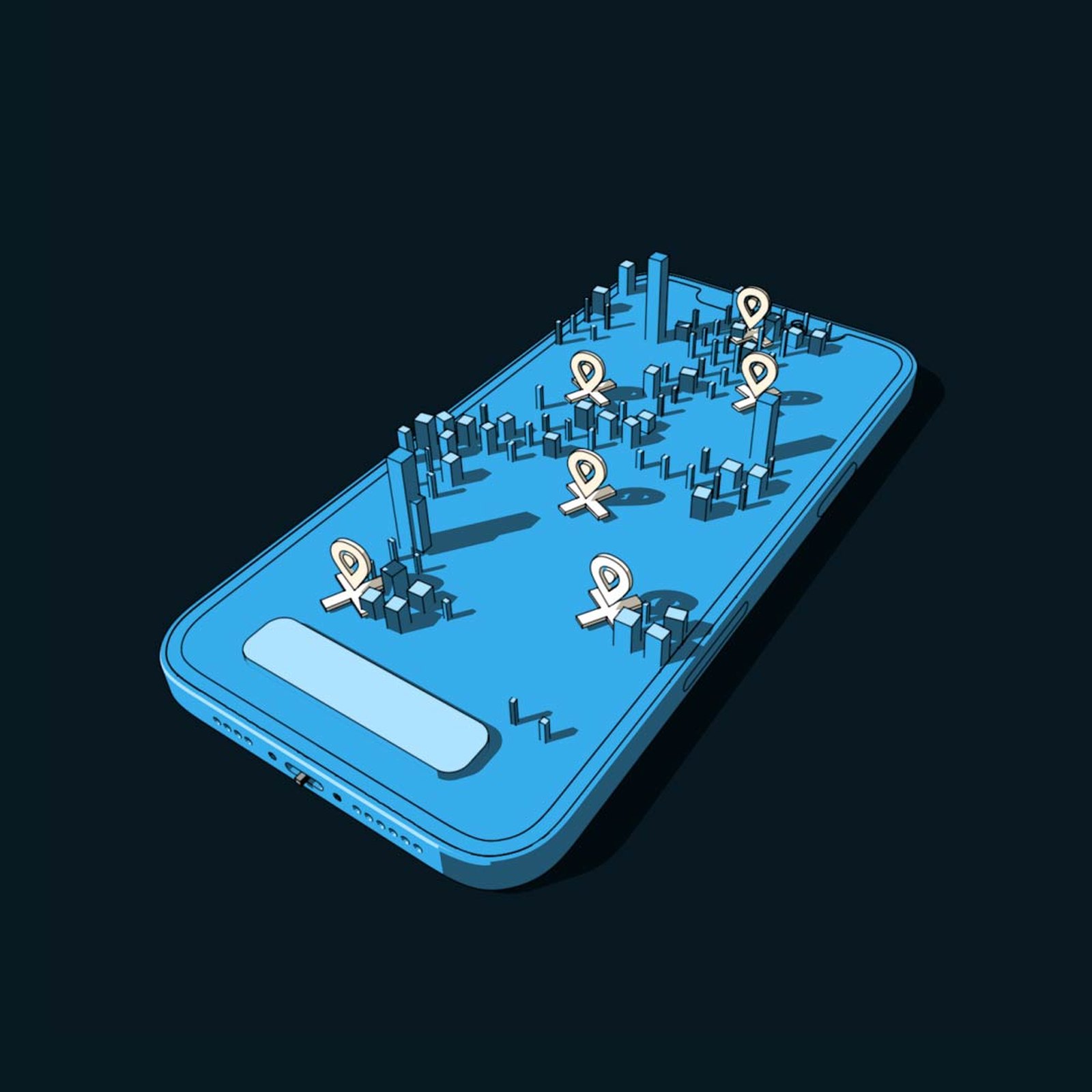 Illustrated blue phone lying flat with a miniature city rising from the screen, dotted with report pins