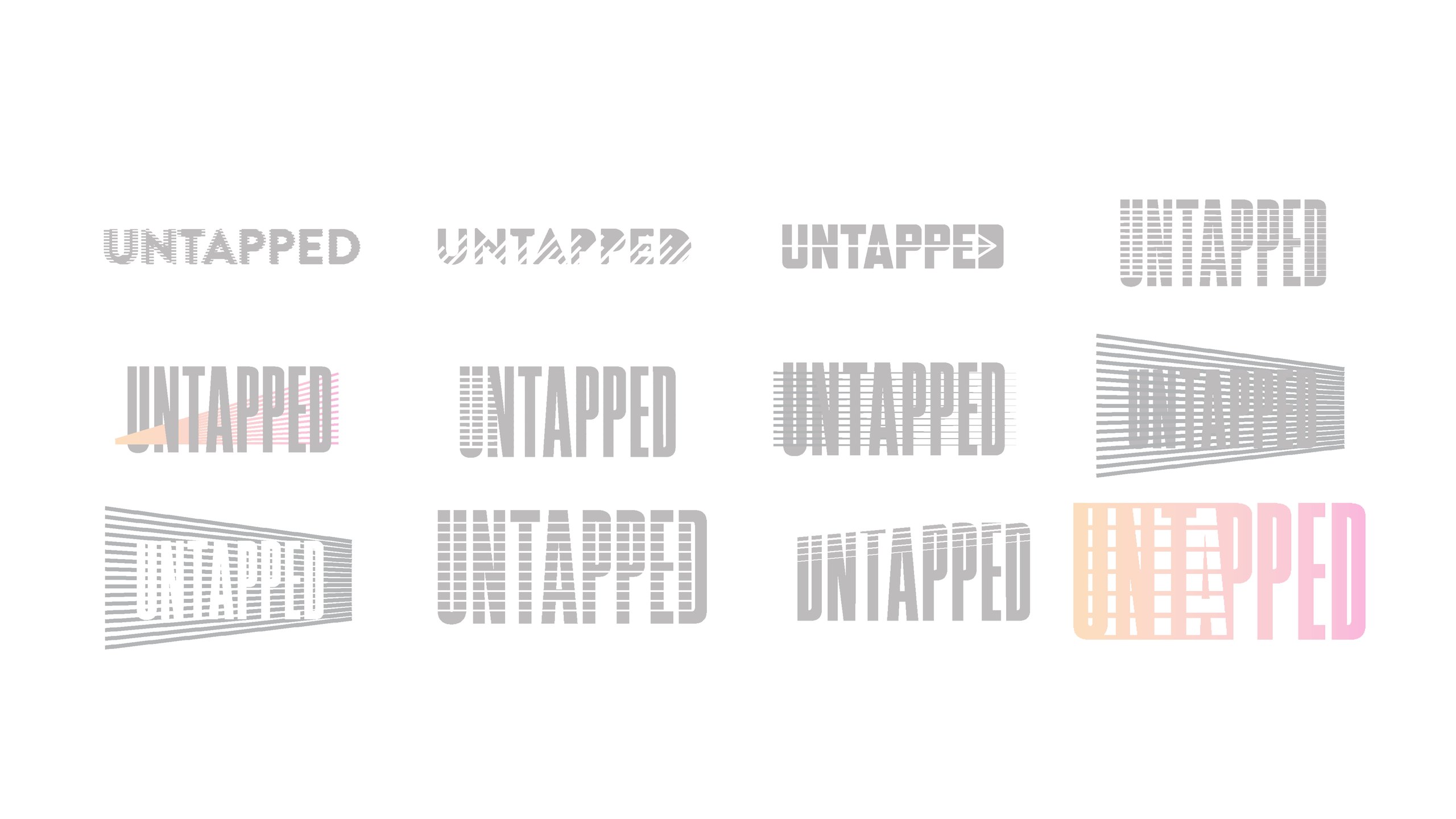 Twelve grey and pastel explorations of the Untapped wordmark, from rounded and striped letterforms to condensed versions cut through with horizontal lines