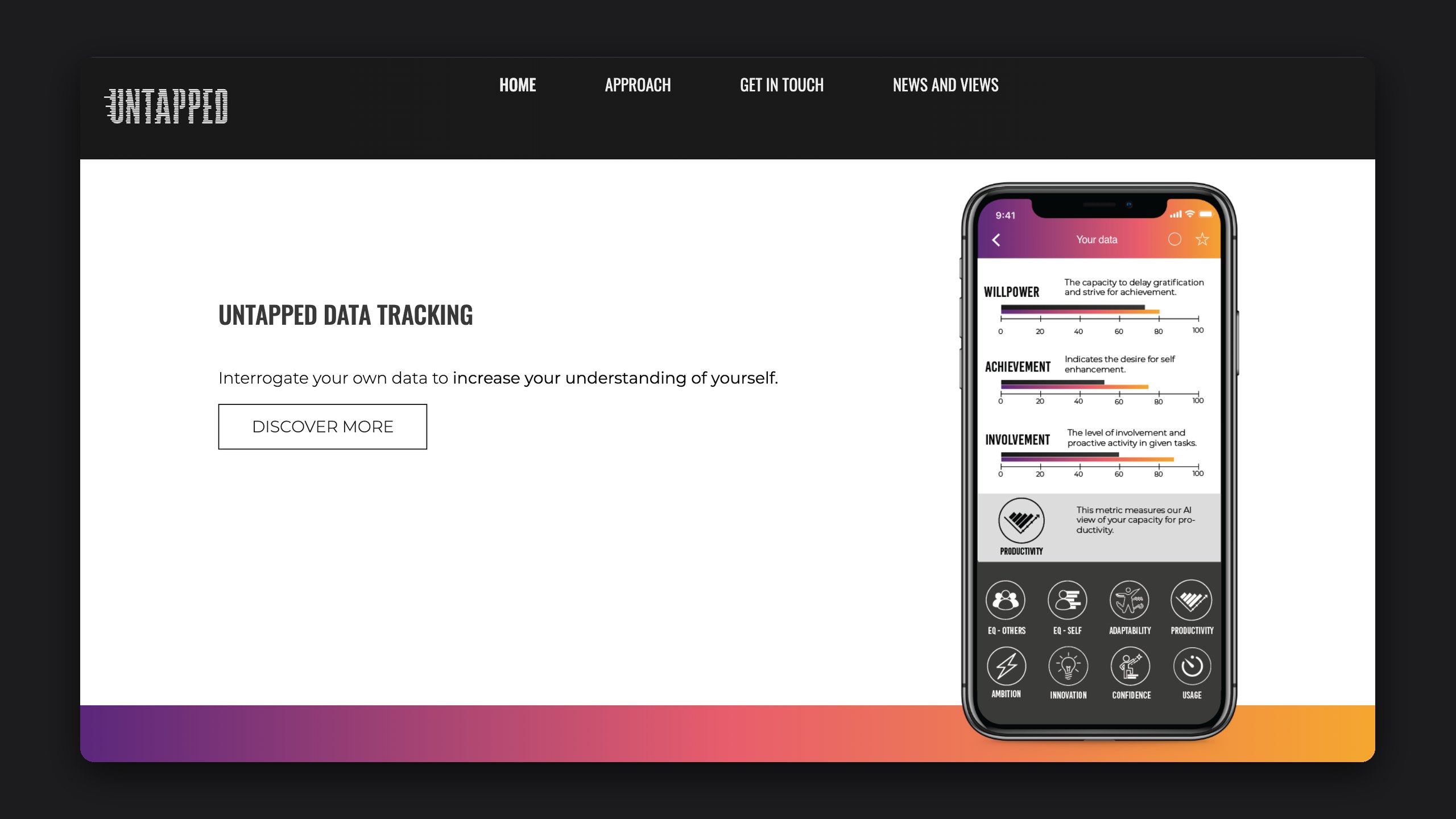 Untapped website design for data tracking, with the line Interrogate your own data to increase your understanding of yourself beside a phone showing willpower, achievement and involvement scores