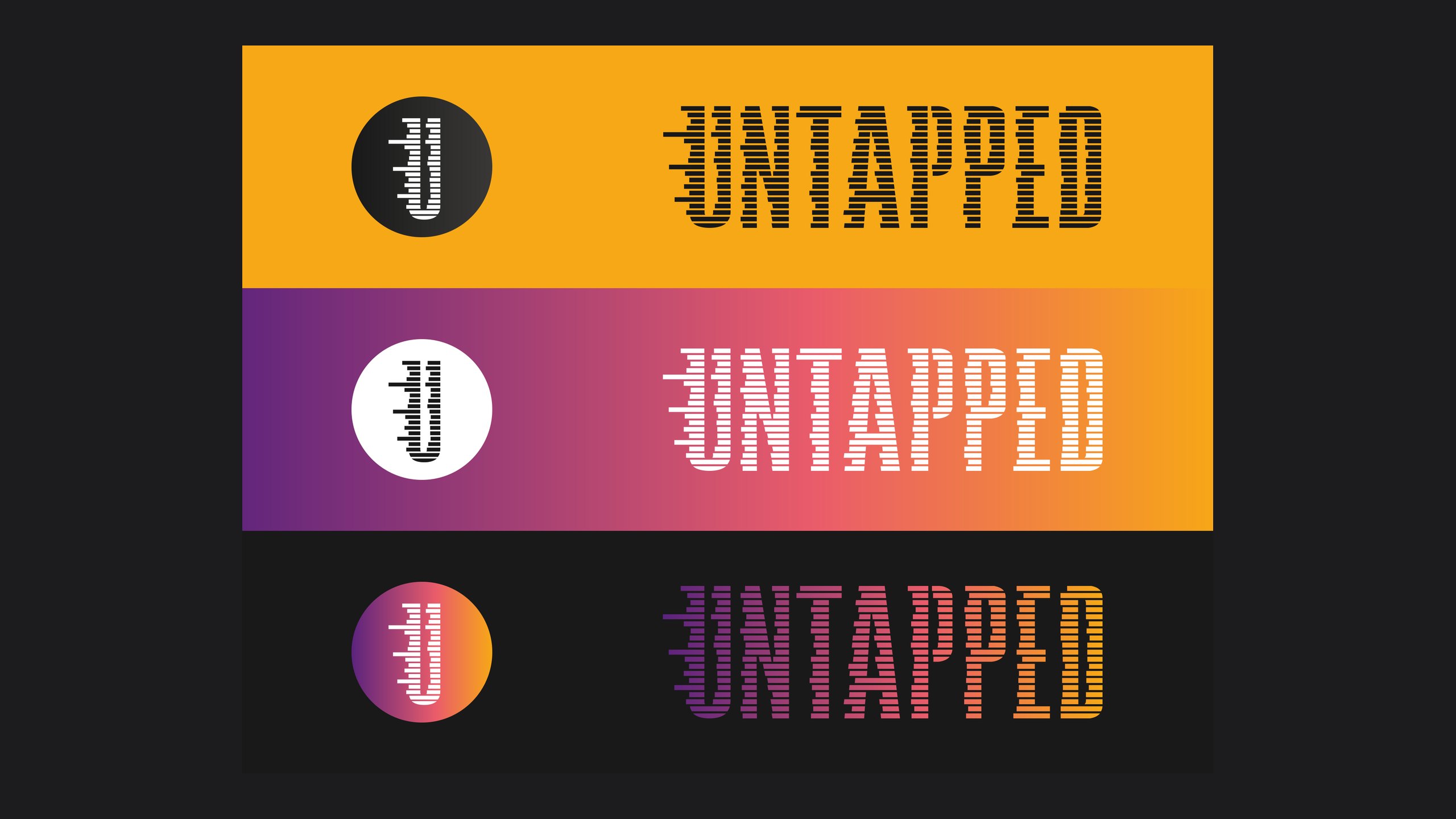 Three Untapped logo colourways: a black wordmark and roundel on orange, white on a purple to orange gradient, and a gradient wordmark with roundel on black