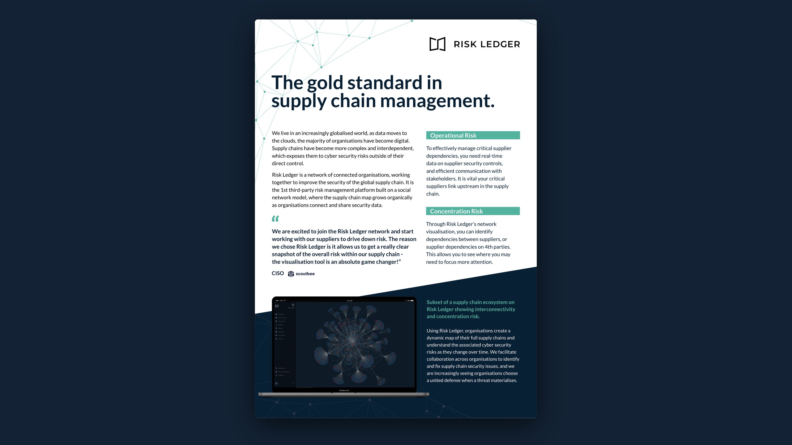 Front of the Risk Ledger sales one pager on dark navy: the headline The gold standard in supply chain management, short sections on operational and concentration risk, a customer quote and a laptop showing a supply chain network map