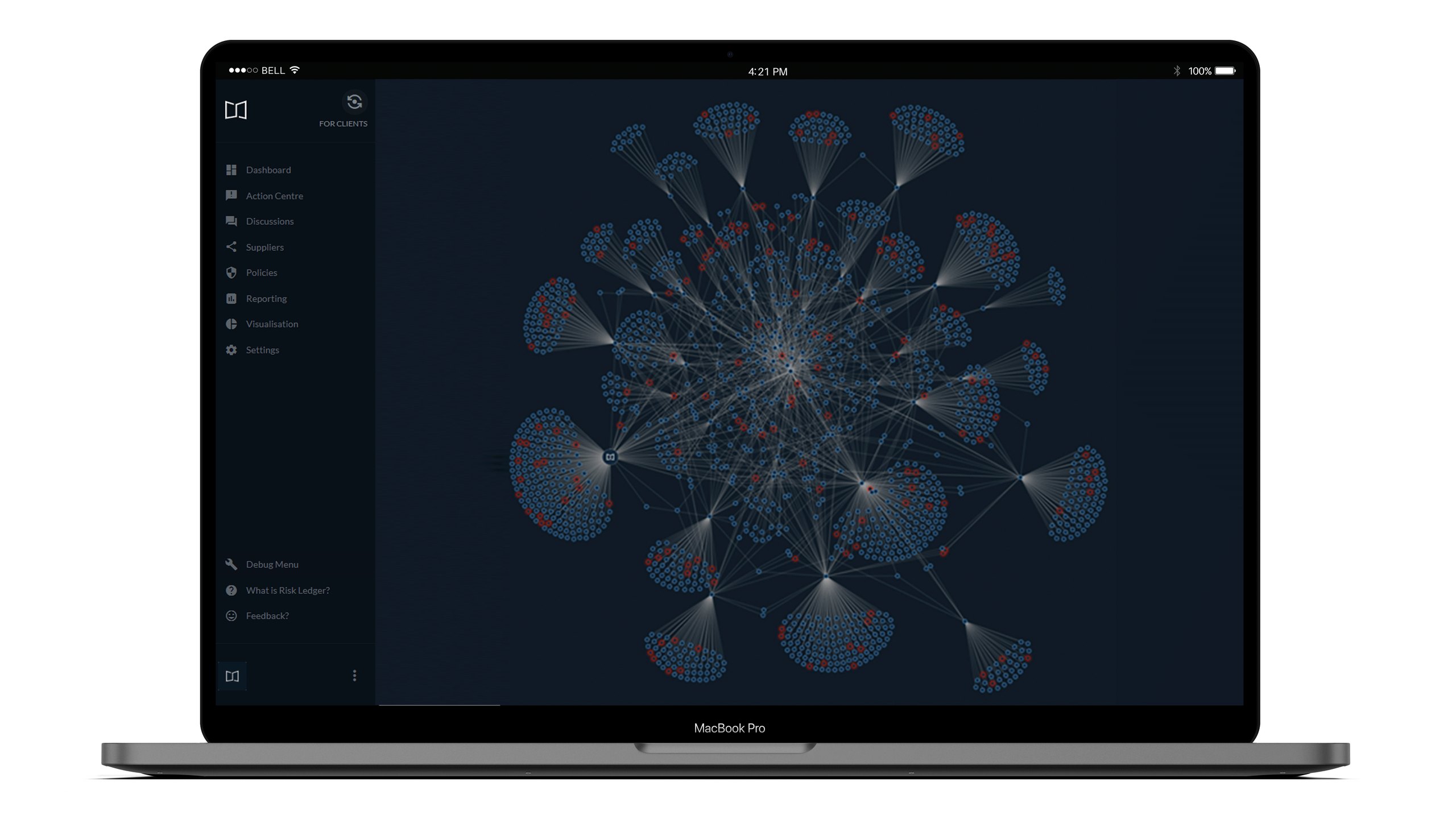 A laptop mockup showing the Risk Ledger platform in dark mode, with a sidebar menu and a dense supply chain network map of clustered nodes picked out in blue and red