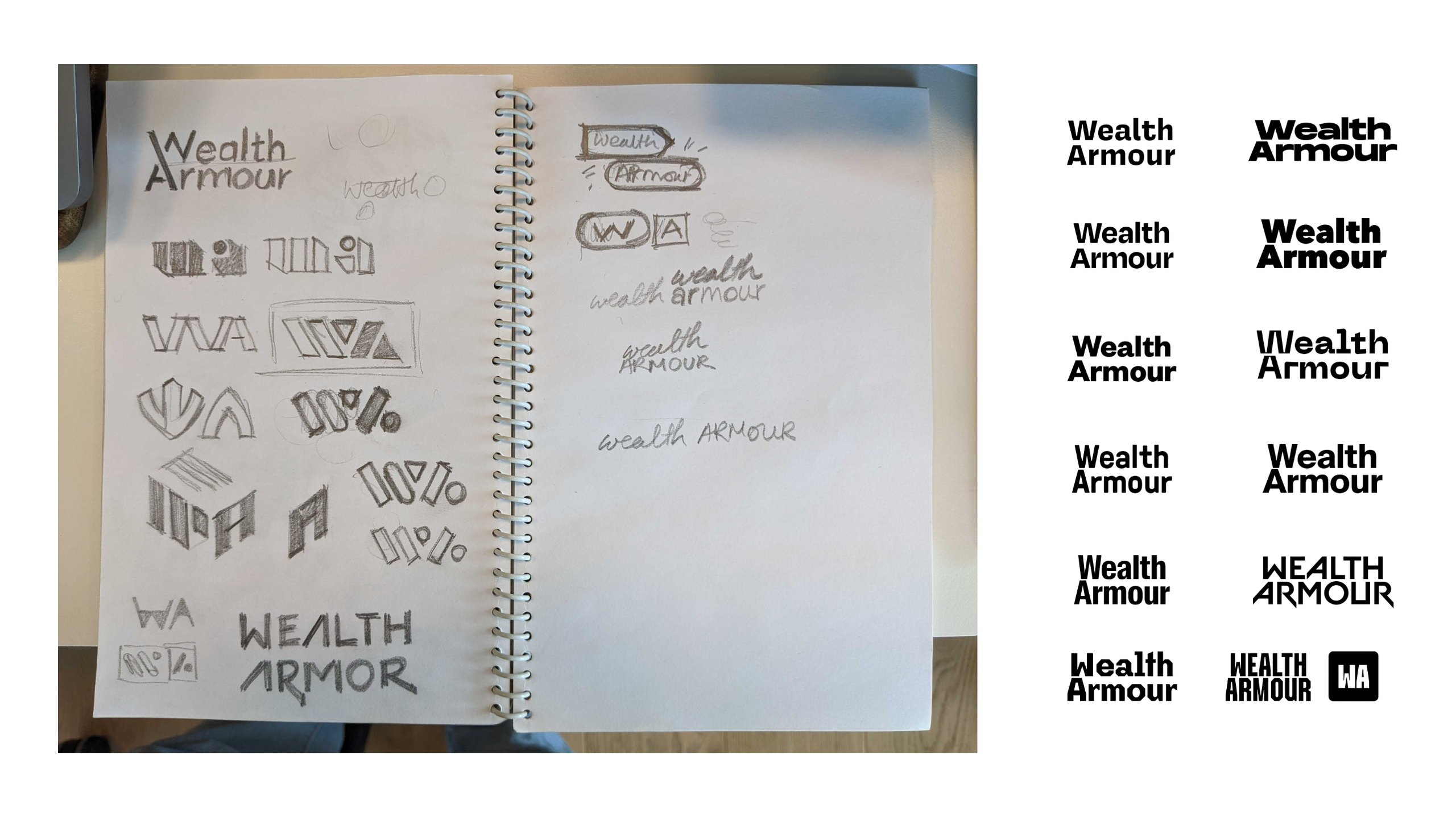 A spiral sketchbook of pencil Wealth Armour monograms and wordmarks beside a column of typeset Wealth Armour wordmark tests in black