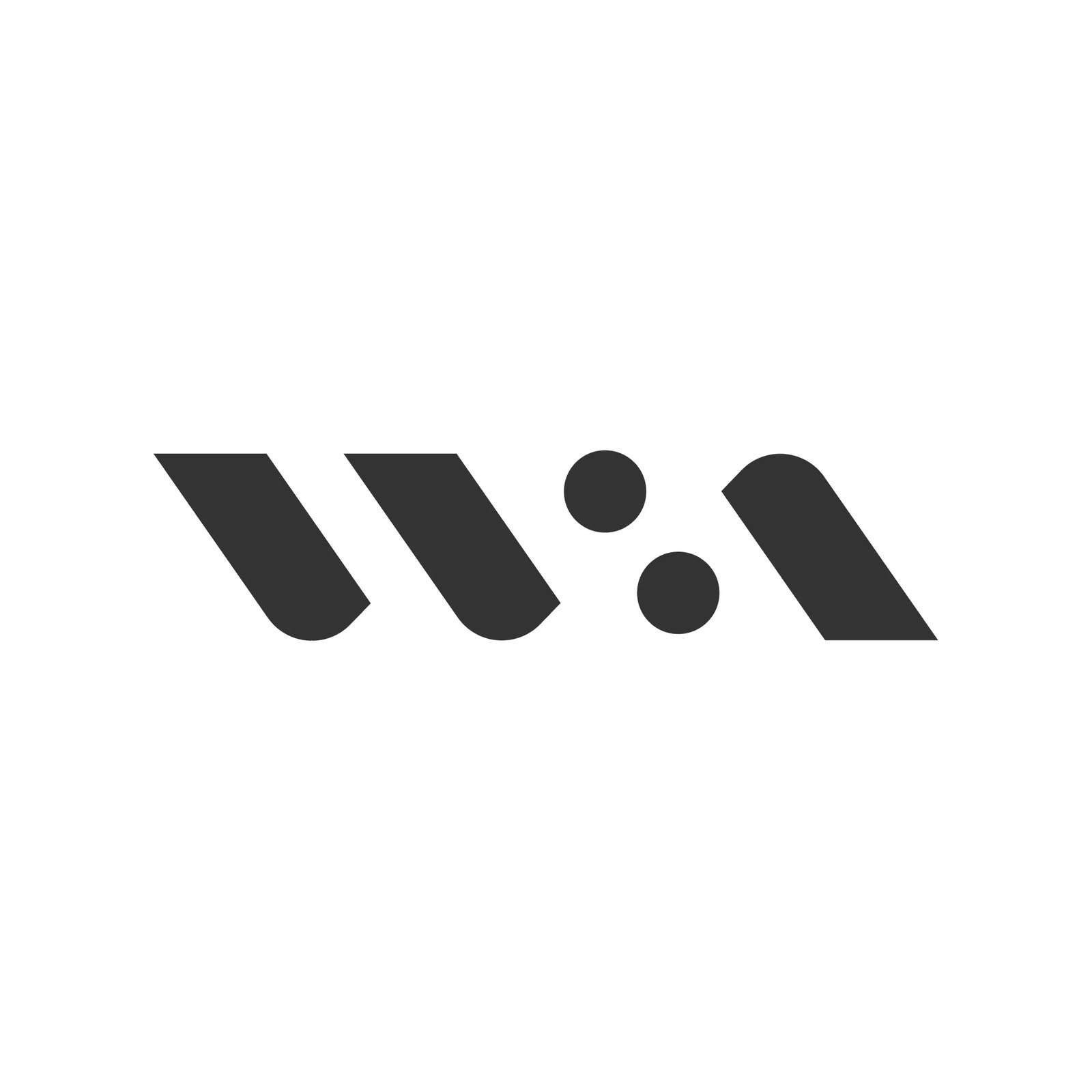 The WA monogram in dark grey on white, with slanted strokes and two round dots