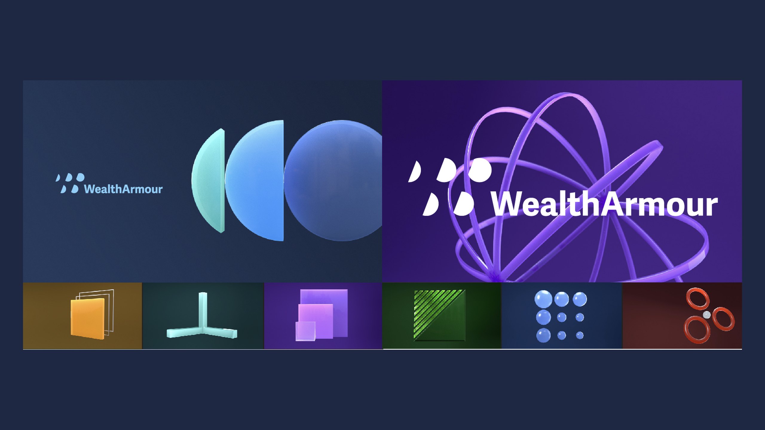 A Wealth Armour concept board with a dotted mark and wordmark on navy and purple, glassy 3D discs, purple orbiting rings and a row of 3D shape studies