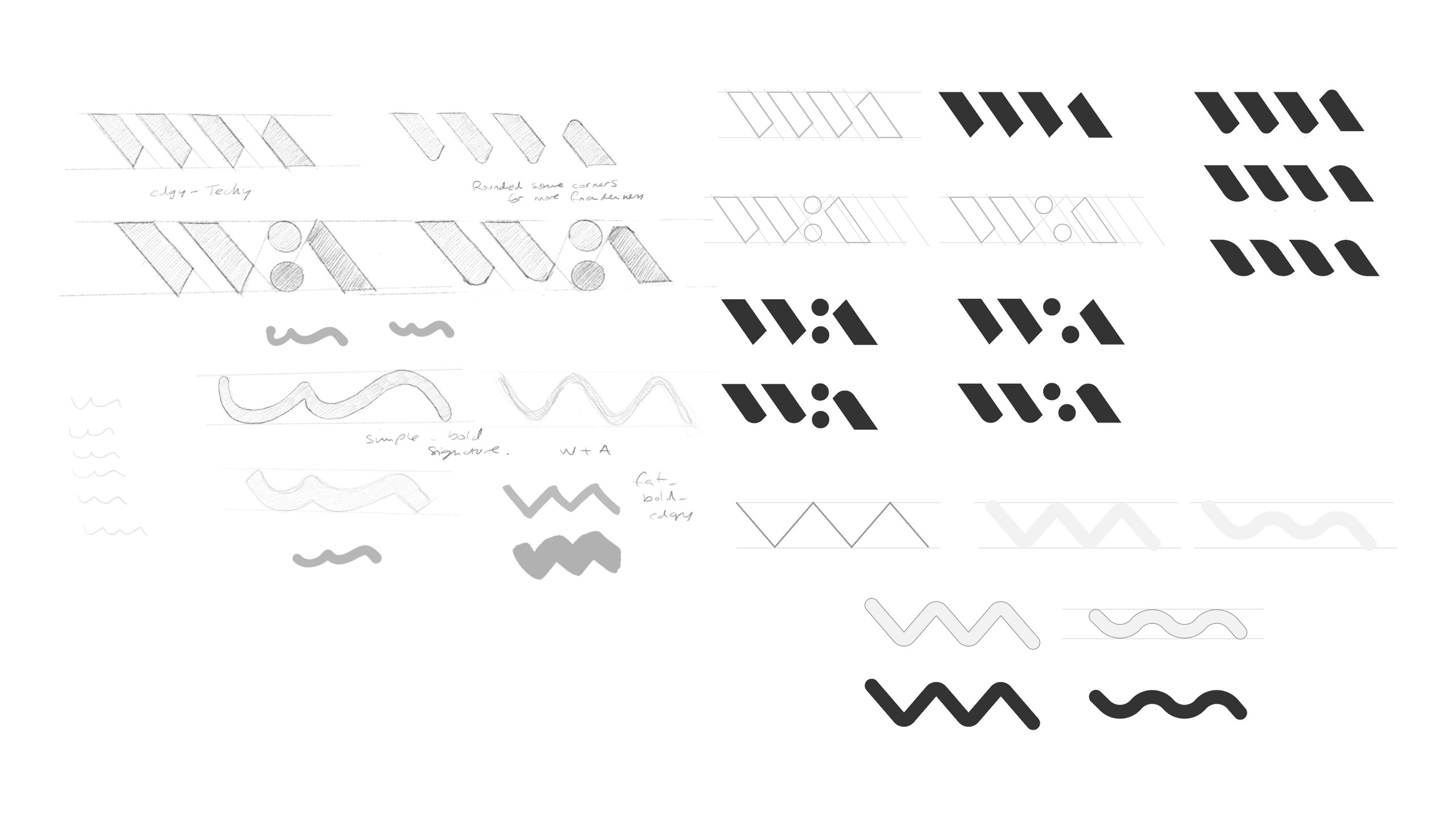 Pencil sketches of slanted W and A shapes and wave lines, developed into solid black WA monograms and simple wave marks