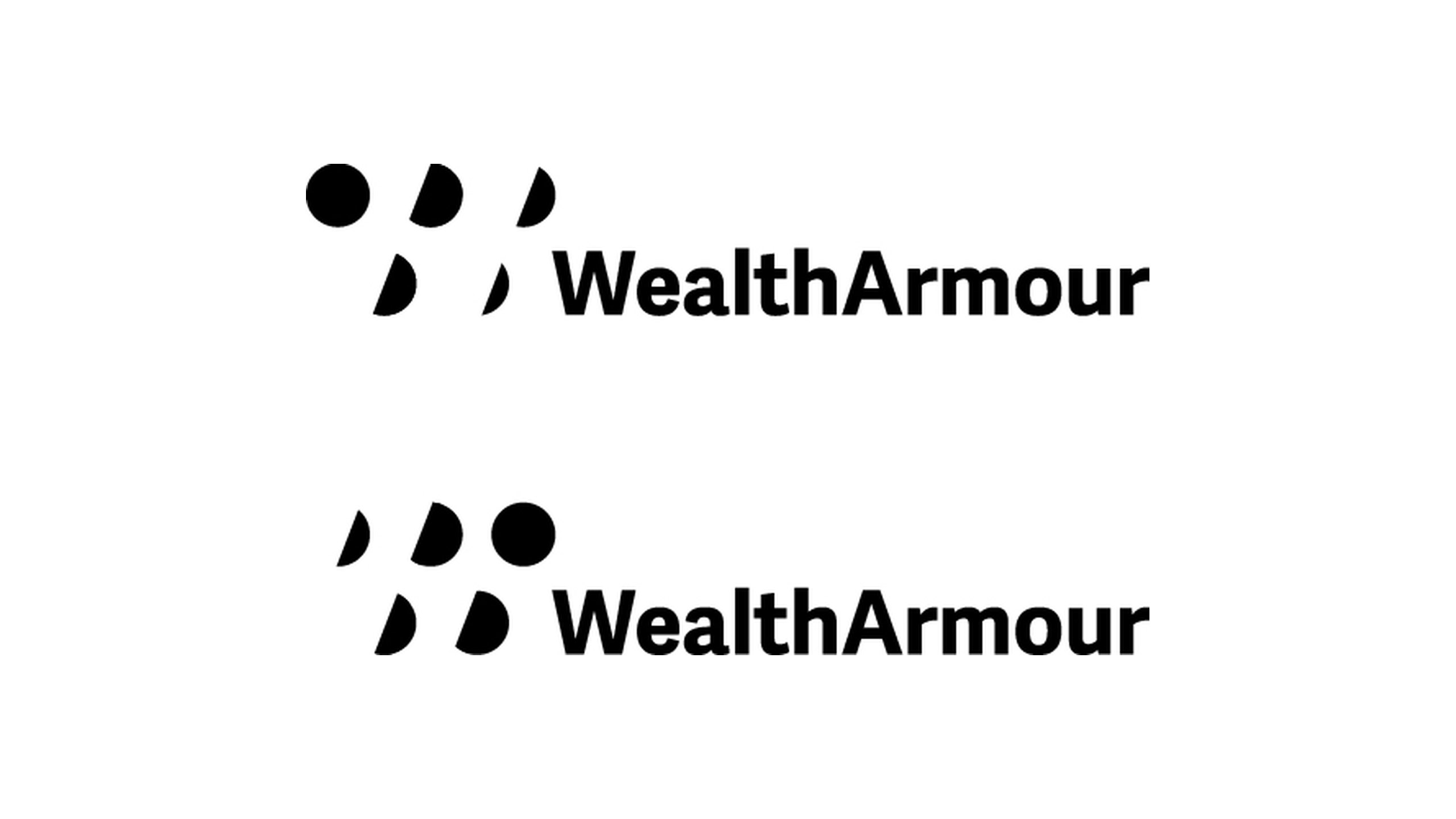 Two Wealth Armour lockups pairing a cluster of half-round dots with the WealthArmour wordmark in black