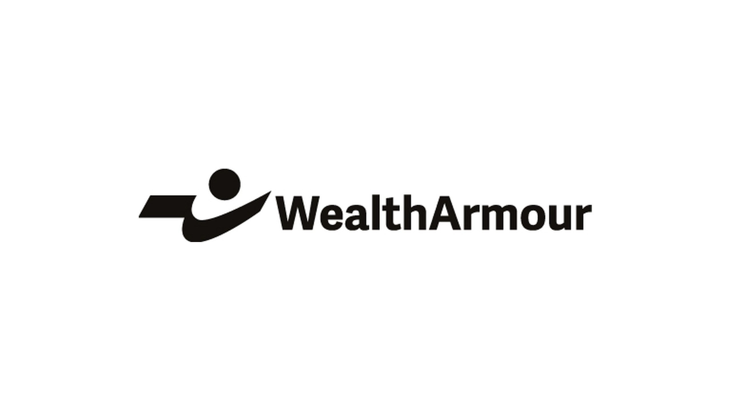 A Wealth Armour lockup with a brushstroke wave and a single dot forming a simple figure beside the wordmark