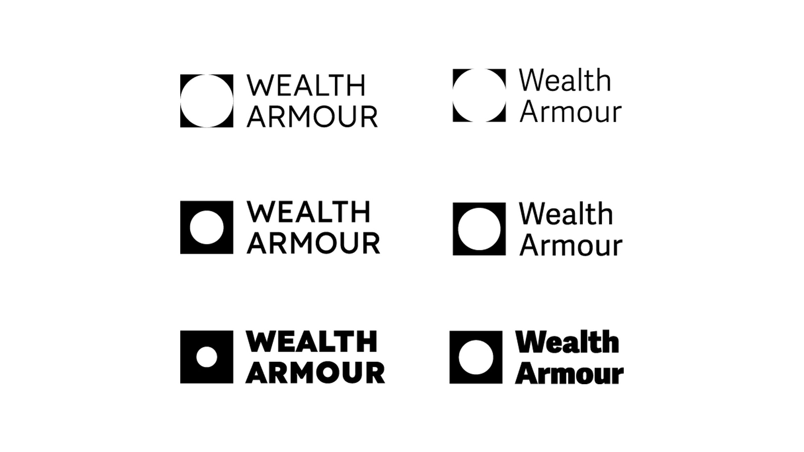 Six Wealth Armour lockups in black and white, each with a circle set inside a square frame beside the name