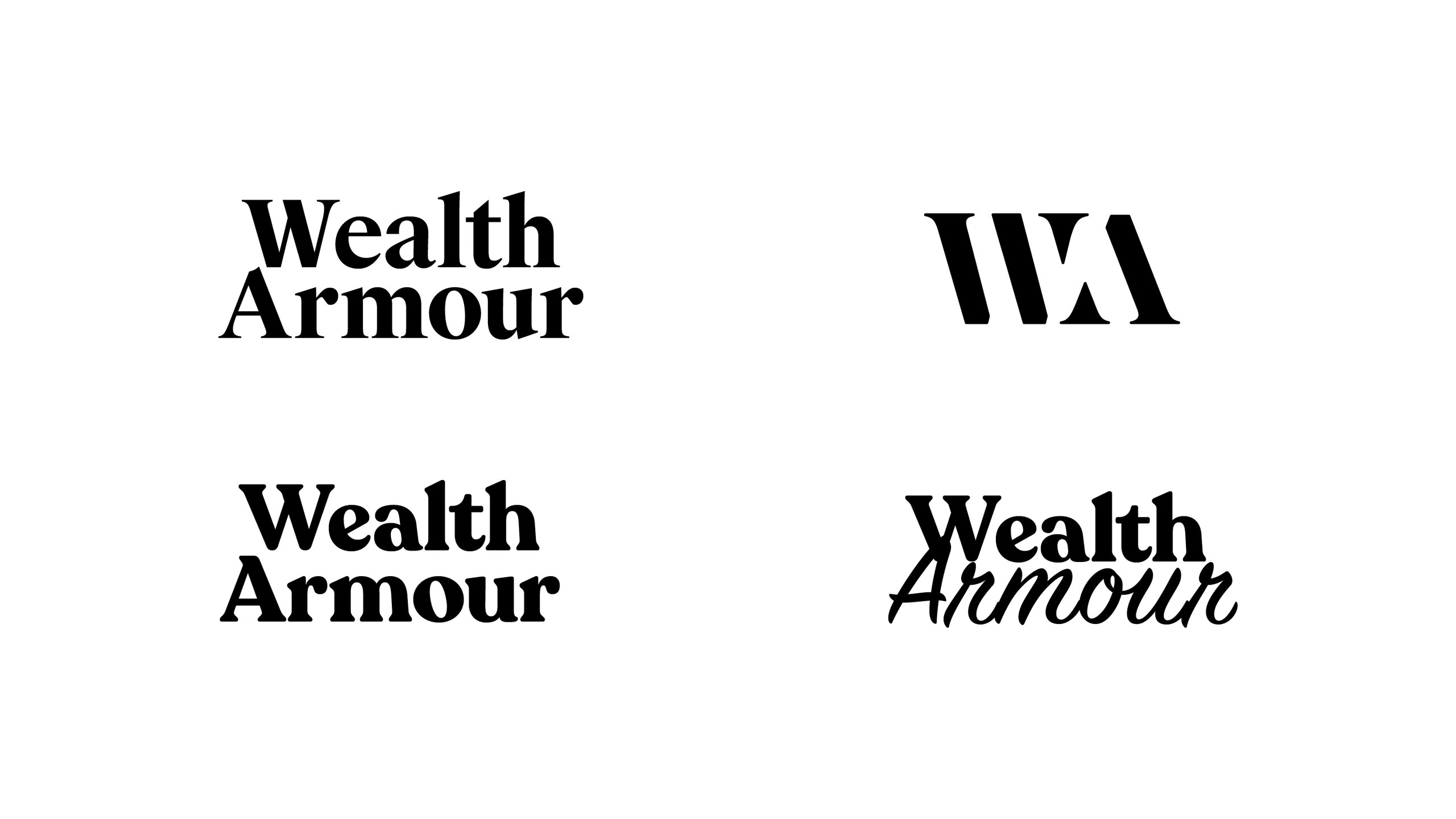 Wealth Armour wordmarks in bold serif and script lettering, with a heavy slanted WA monogram