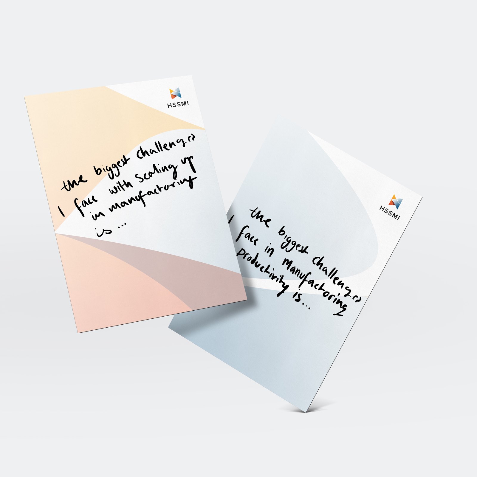 Two HSSMI postcards with handwritten answers that begin, the biggest challenge I face with scaling up in manufacturing is