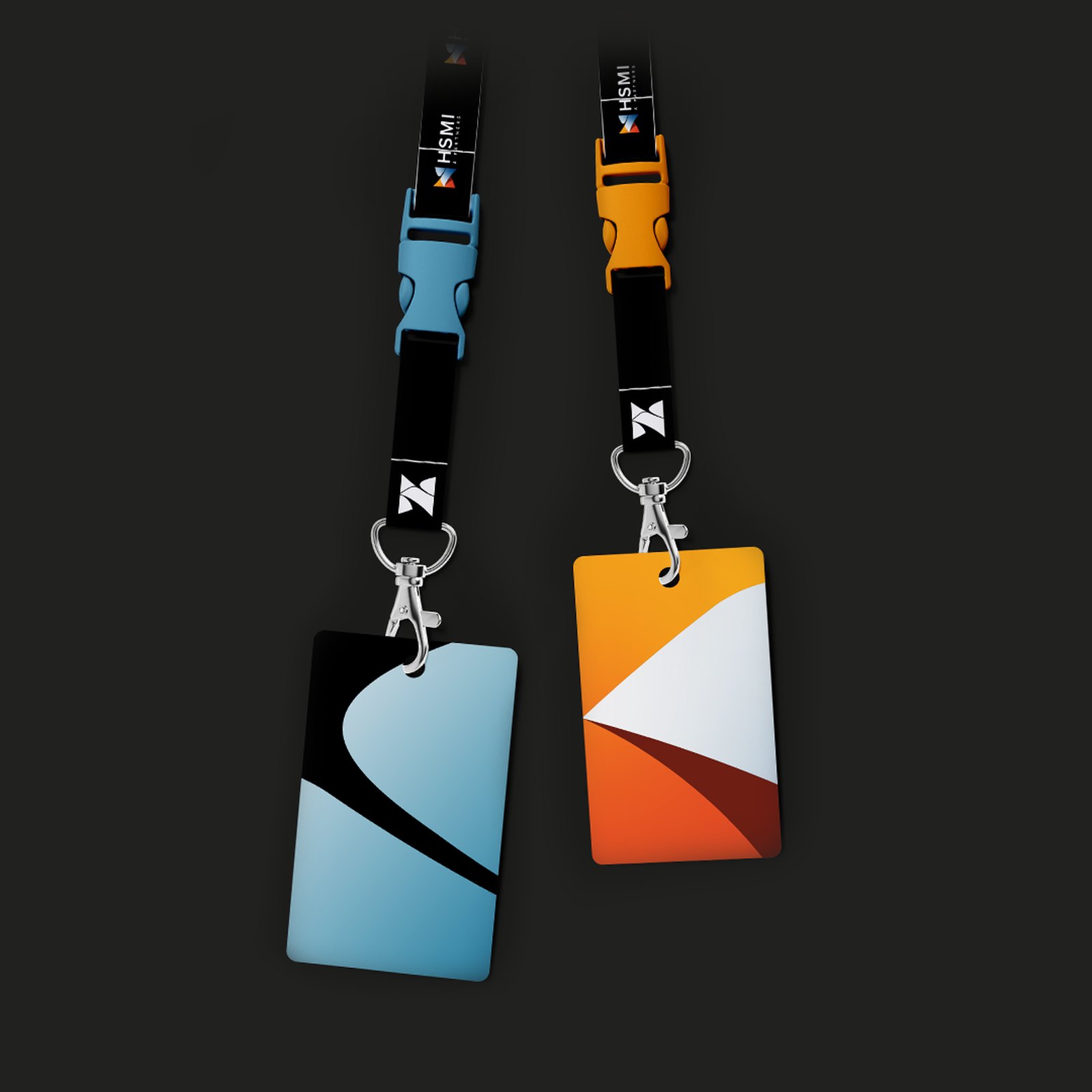 Two HSSMI lanyards with blue and orange clips and ID cards printed with the identity’s curved shapes