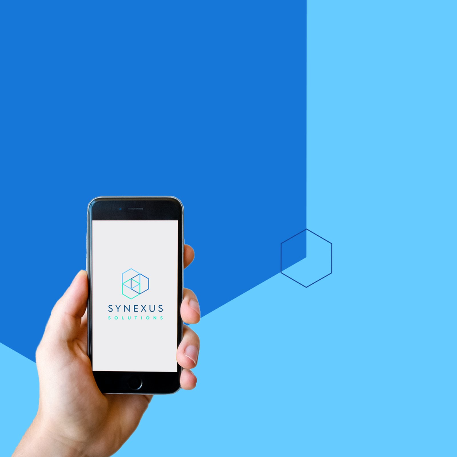 Hand holding a phone showing the Synexus Solutions logo against bright and light blue blocks with an outlined hexagon