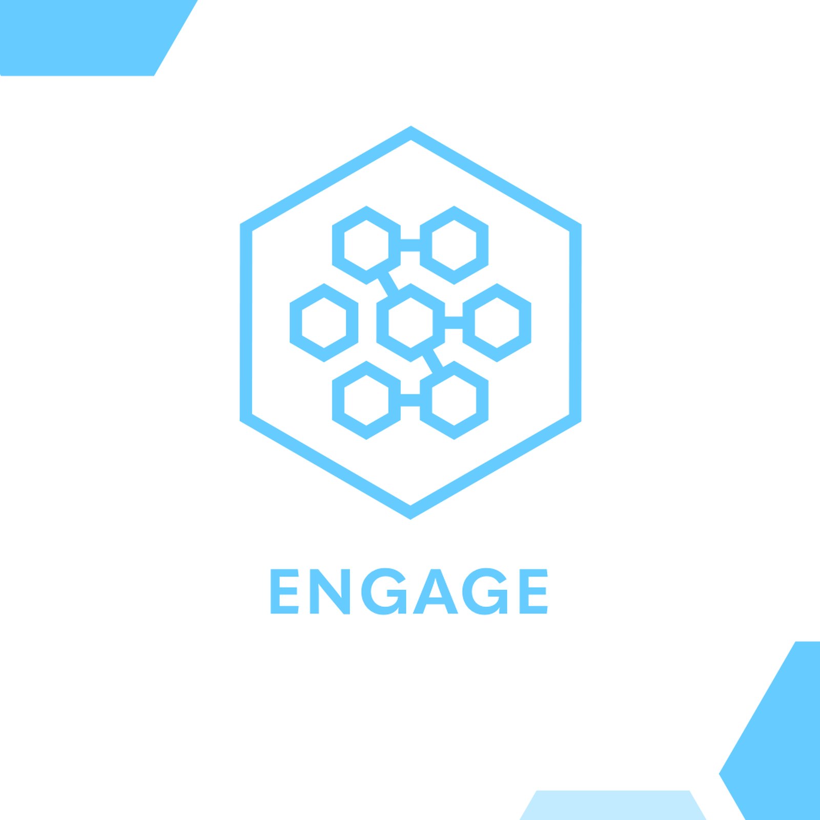Synexus Engage sub-brand mark: a cluster of small light blue hexagons inside a hexagon above the word ENGAGE